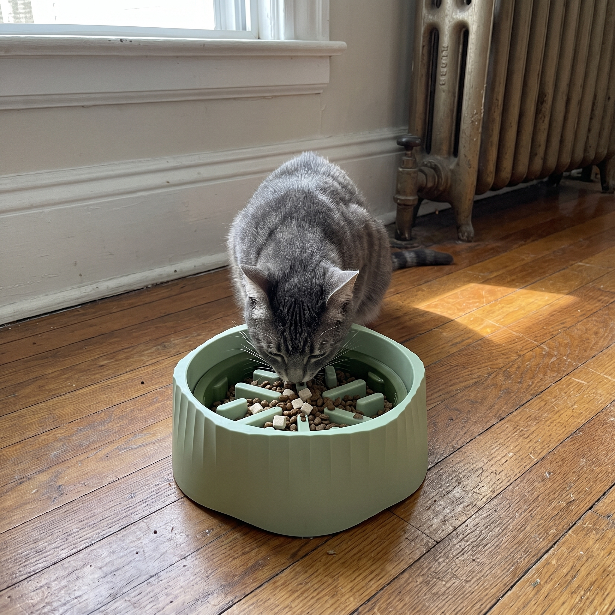 Grey tabby eating from the slow feeder maze bowl on a hardwood floor - lifestyle v2