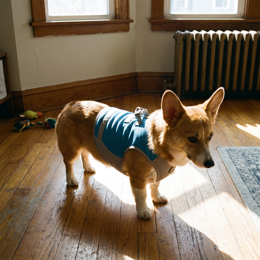 Corgi wearing the cooling mesh harness vest on a hardwood floor - lifestyle v2