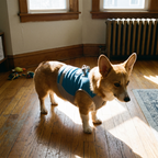 Corgi wearing the cooling mesh harness vest on a hardwood floor - lifestyle v2