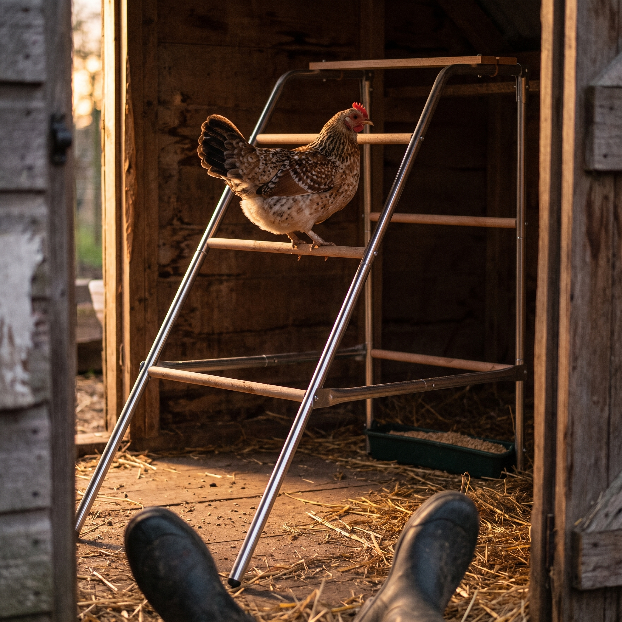 Bantam hen roosting on the wooden perch inside a coop - lifestyle v2