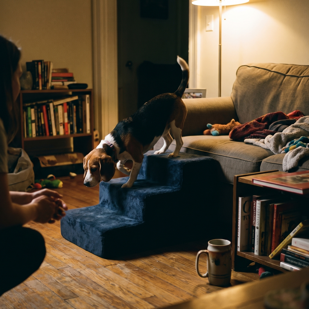 Beagle climbing the plush foam pet stairs by the sofa - lifestyle v2