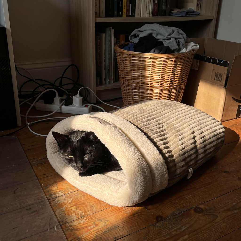 Black cat burrowed into the cat sleeping bag bed in a home office corner - lifestyle v2
