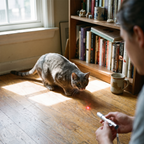 Grey tabby chasing the red dot from the handheld laser cat toy - lifestyle v2