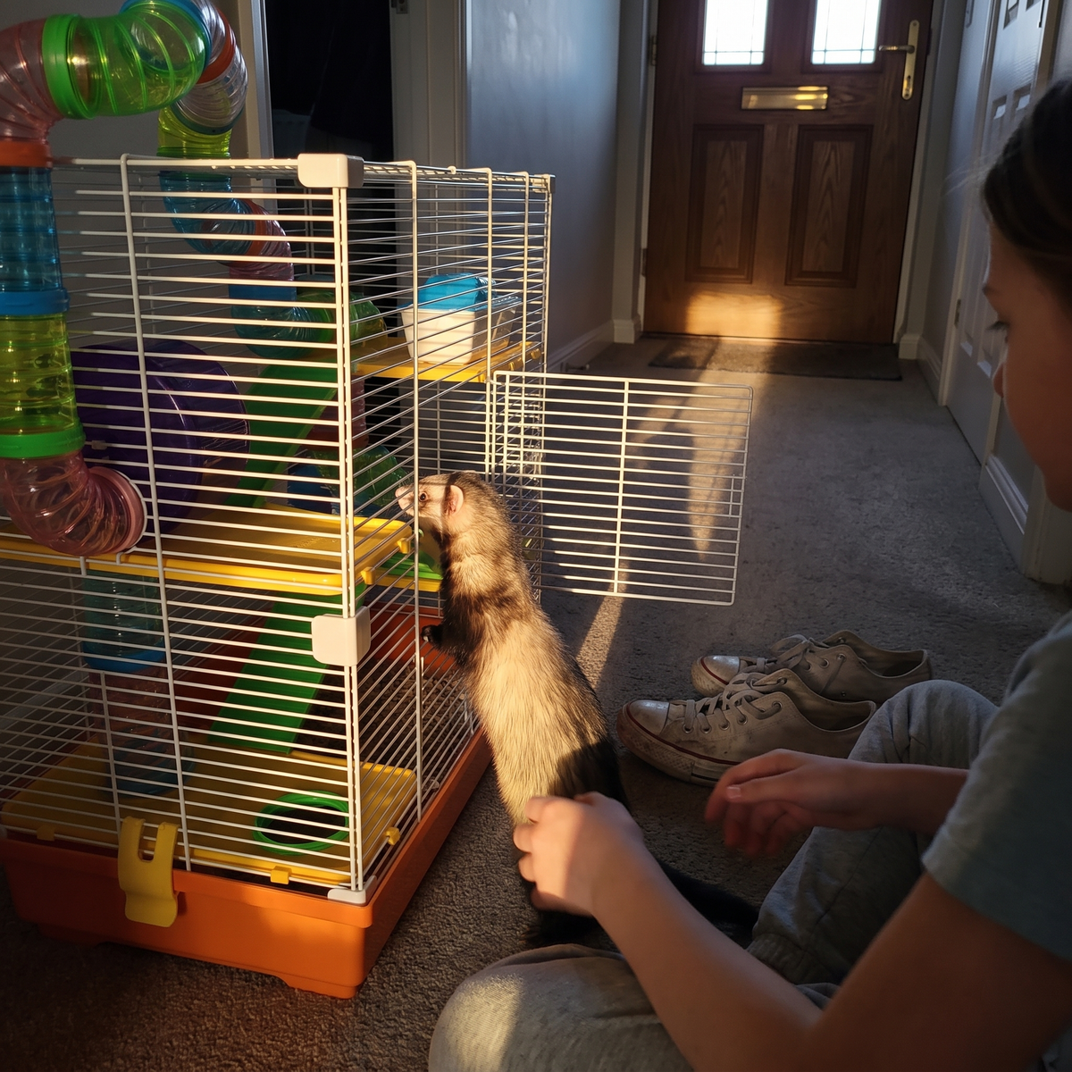 Ferret at the door of the 5-tier habitat cage in a hallway - lifestyle v2