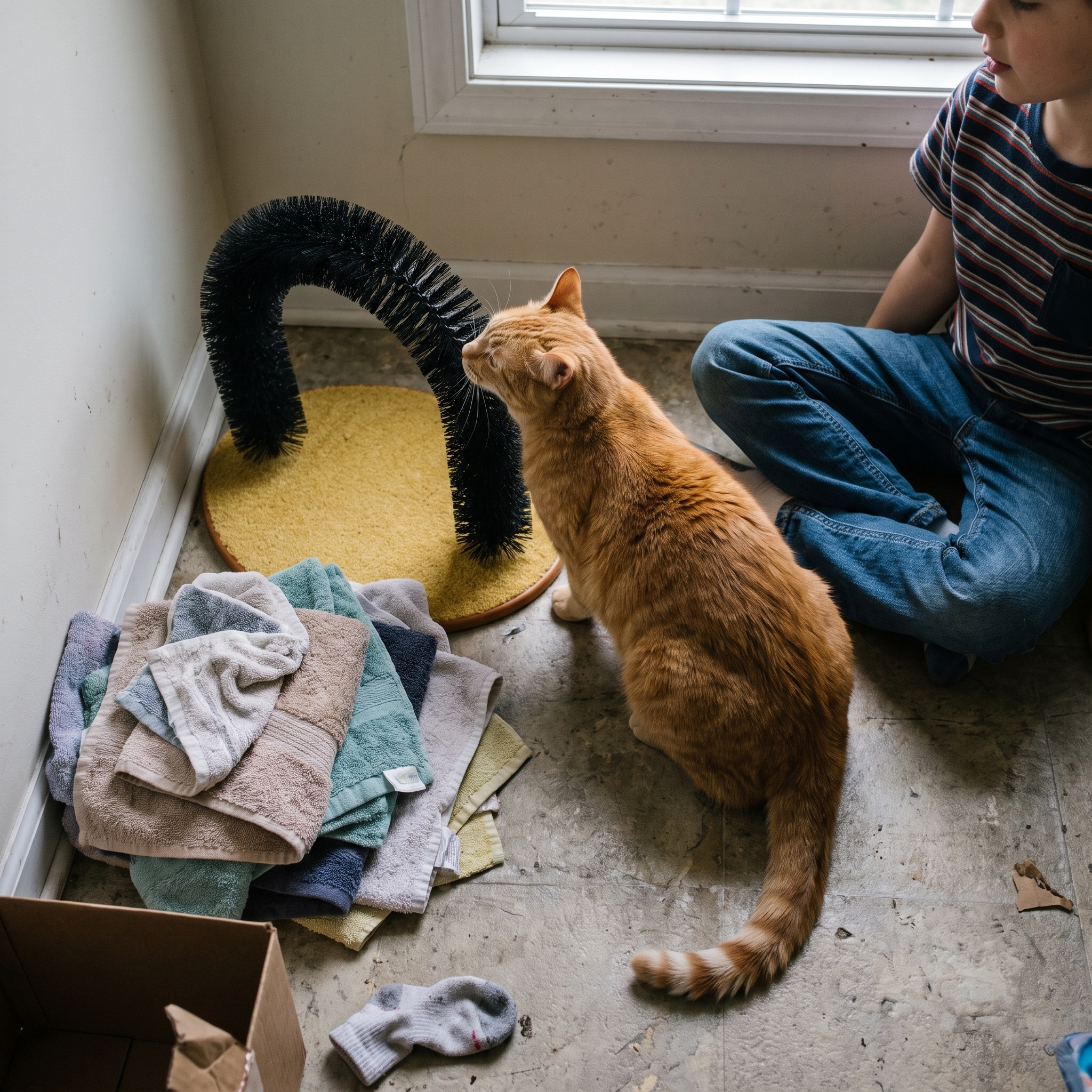 Ginger tabby rubbing against the wall-corner cat self-groomer brush - lifestyle v2