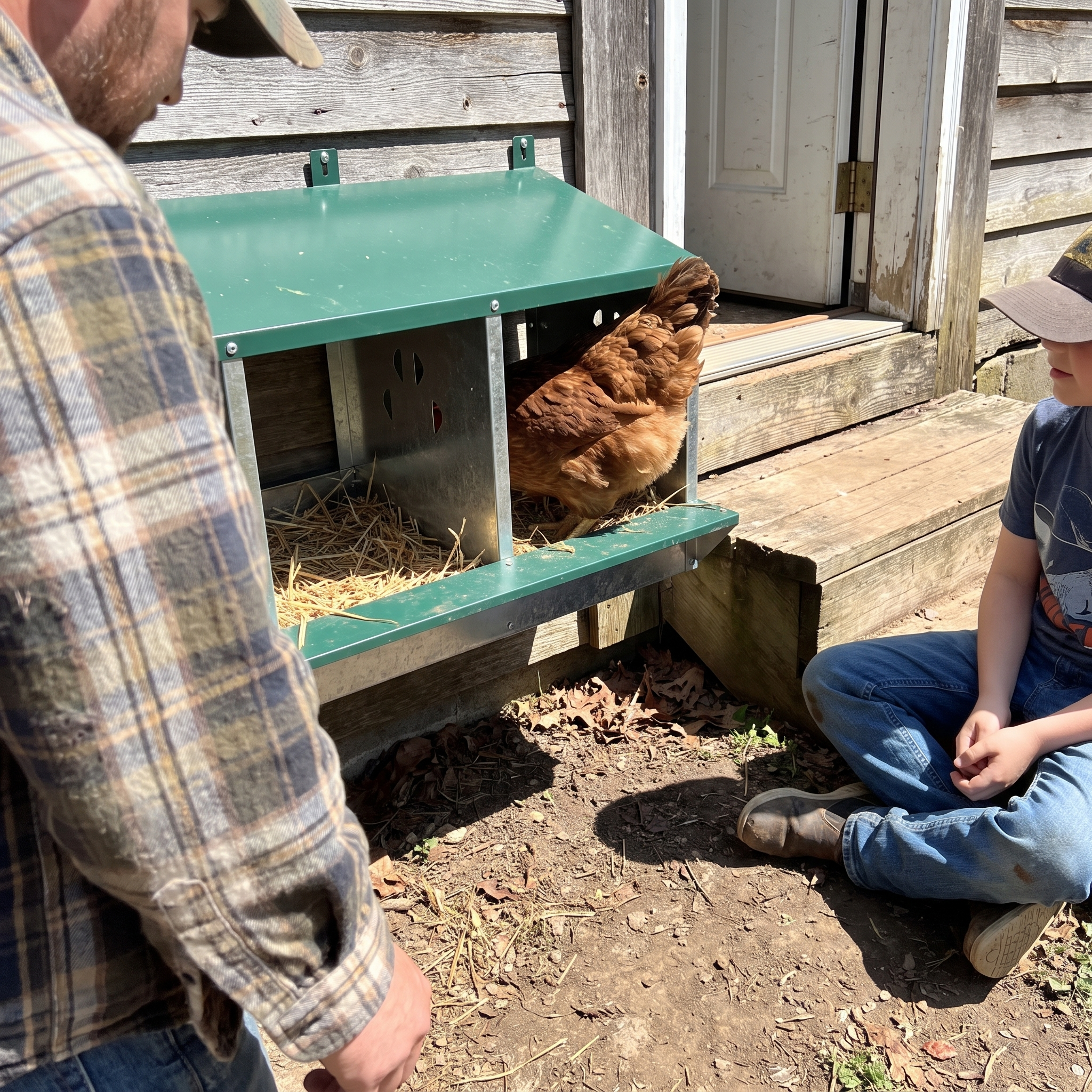 Brown hen settling into the metal nesting box by a back door - lifestyle v2