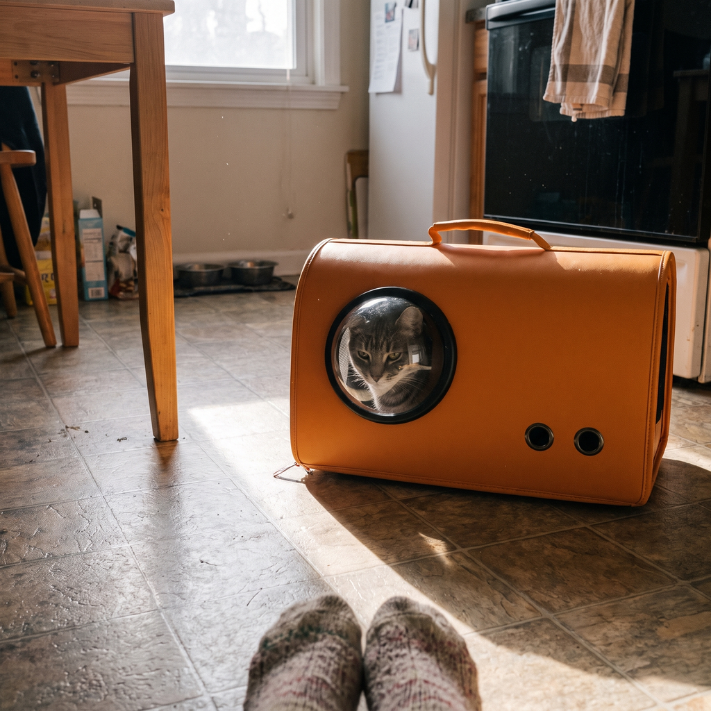 Grey tabby cat inside the soft pet handbag carrier on a kitchen floor - lifestyle v2