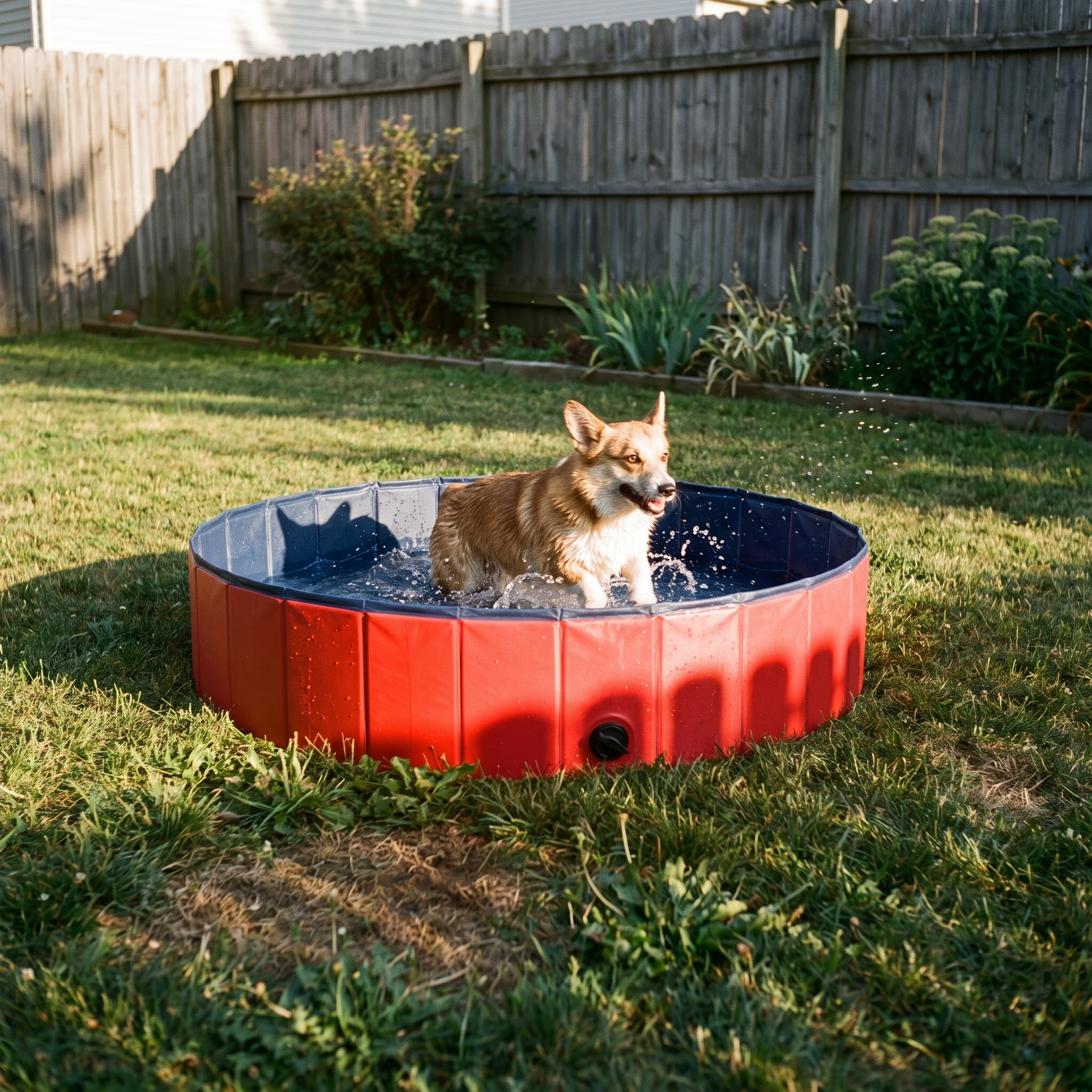 Corgi splashing in the foldable dog pool on a backyard lawn - lifestyle v2