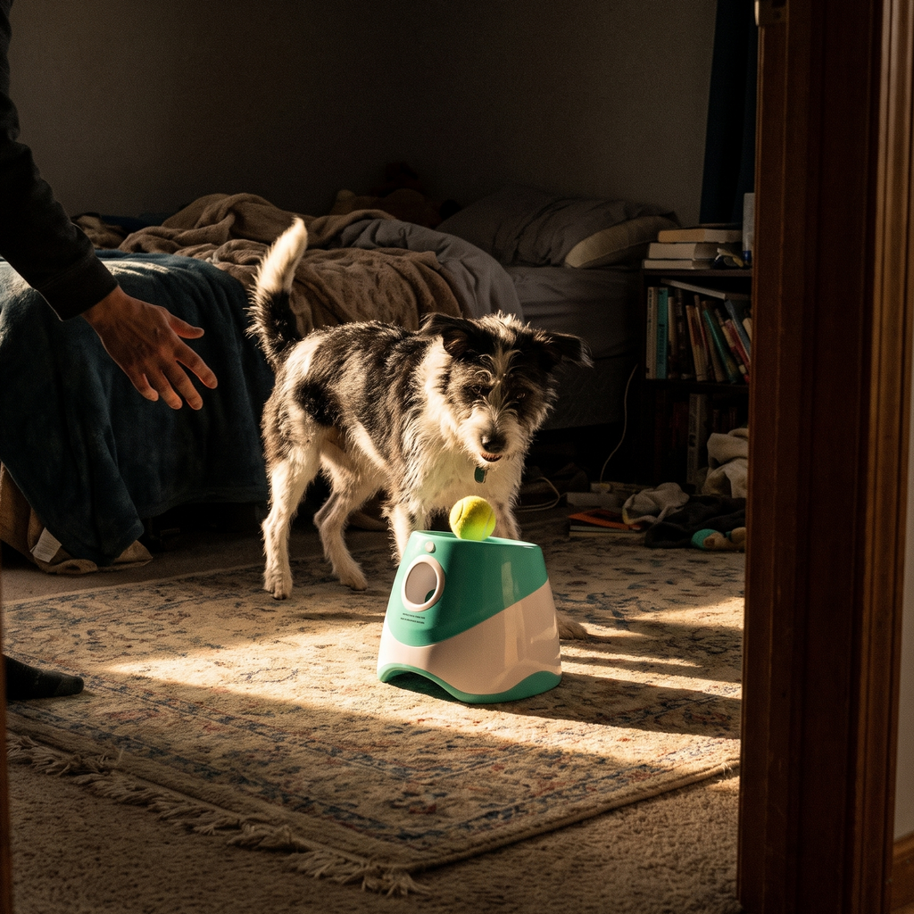 Terrier mix playing with the automatic dog ball launcher indoors - lifestyle v2