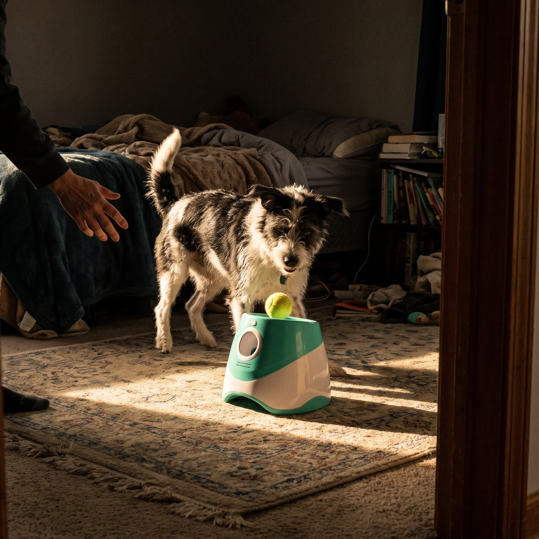 Terrier mix playing with the automatic dog ball launcher indoors - lifestyle v2