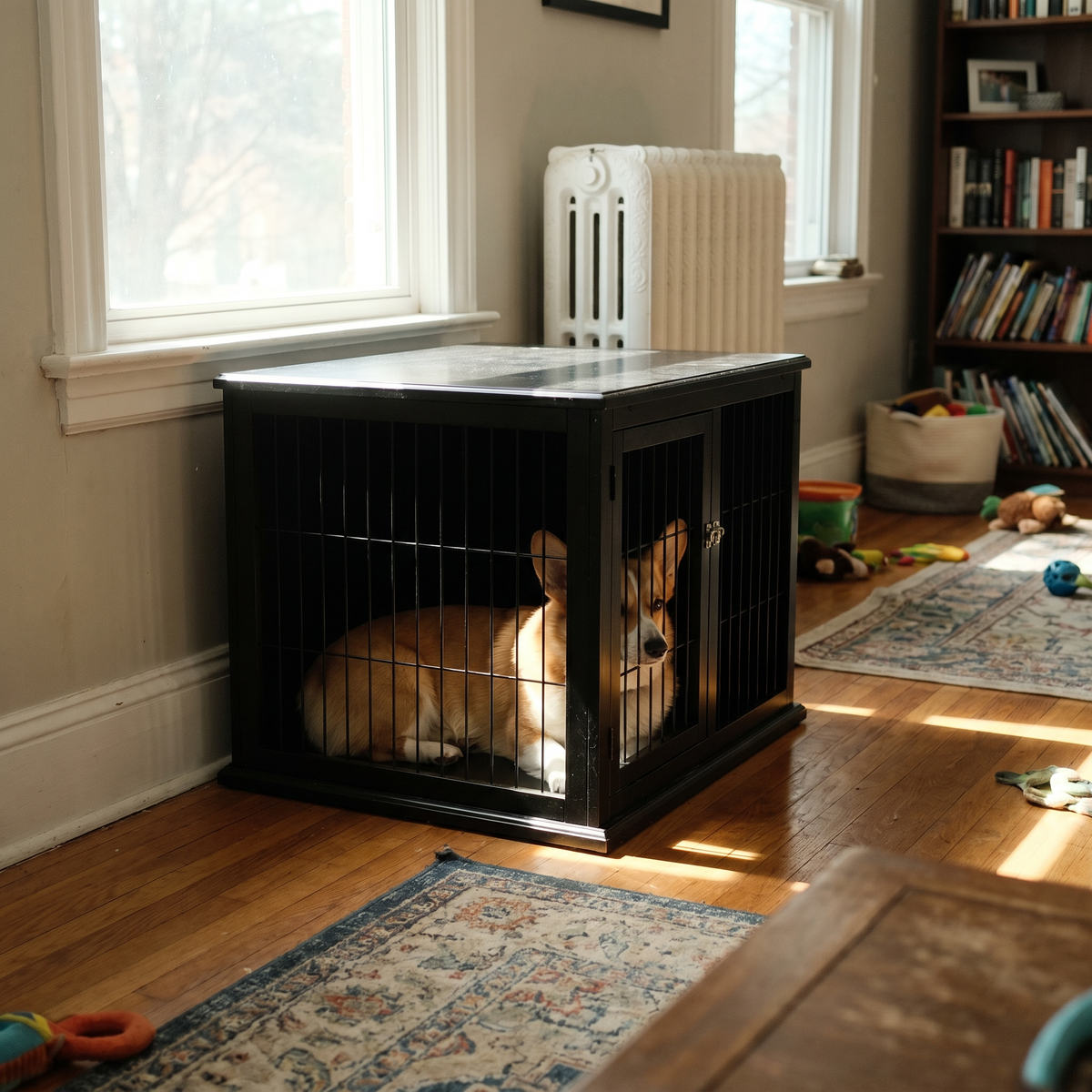 Corgi resting inside the black wooden dog crate end table on a hardwood living-room floor - lifestyle v2