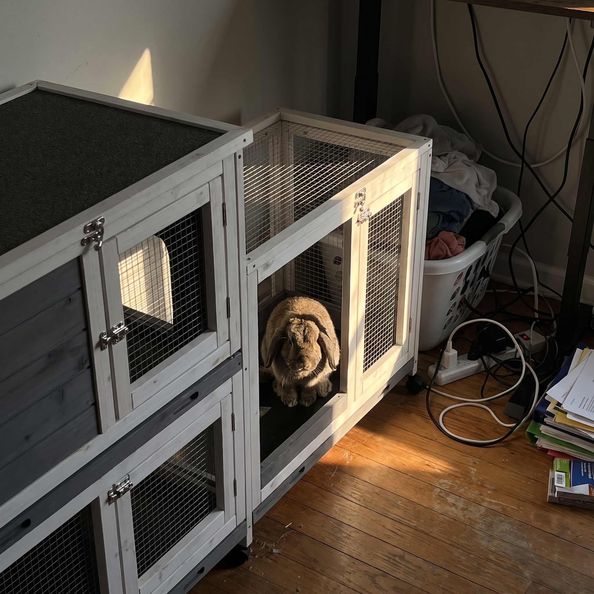 Rabbit sitting in the indoor wooden hutch in a home office corner - lifestyle v2