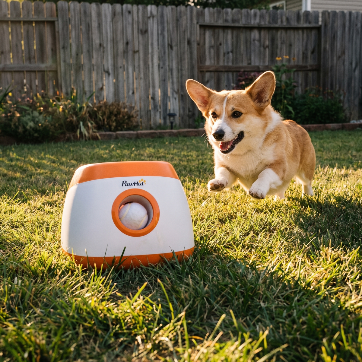 Corgi bounding toward the automatic ball launcher on a backyard lawn - lifestyle v2