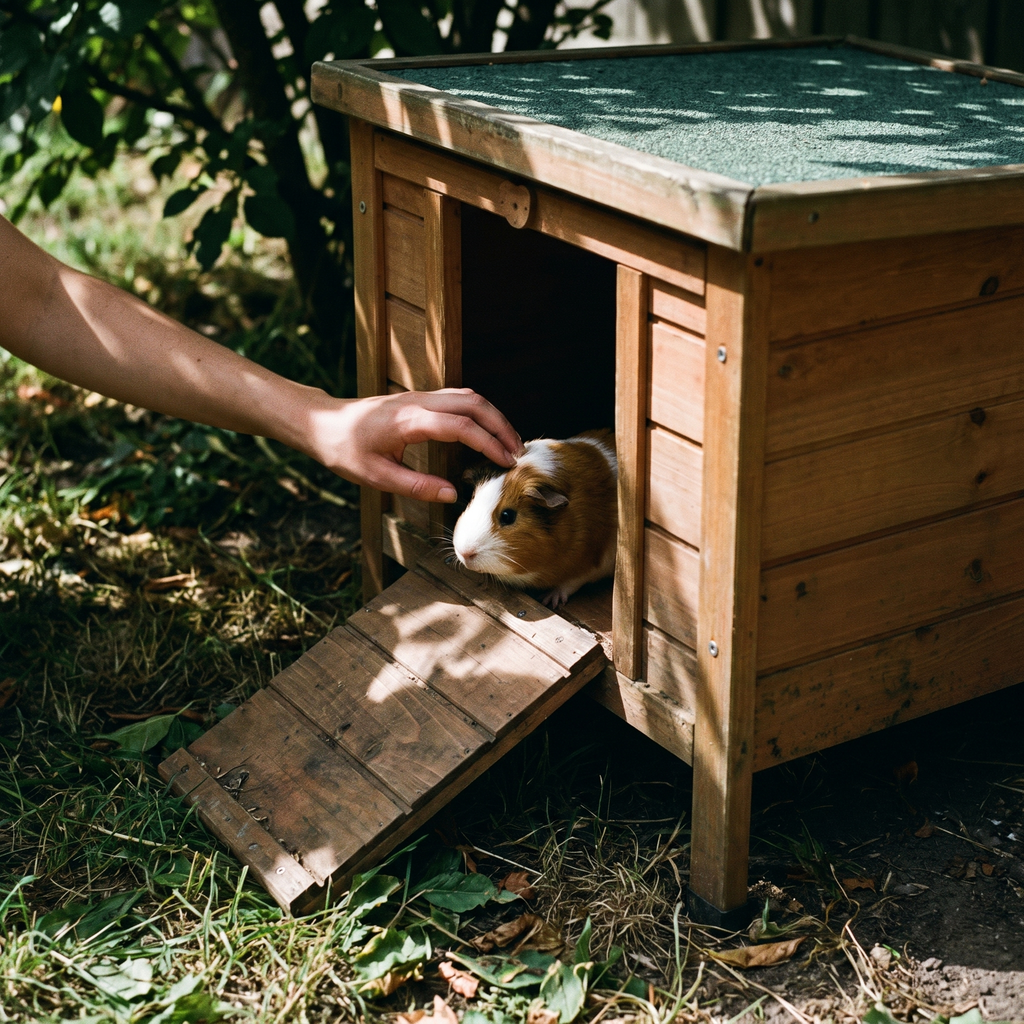 Guinea pig in the doorway of the wooden outdoor rabbit hutch under dappled shade - lifestyle v2