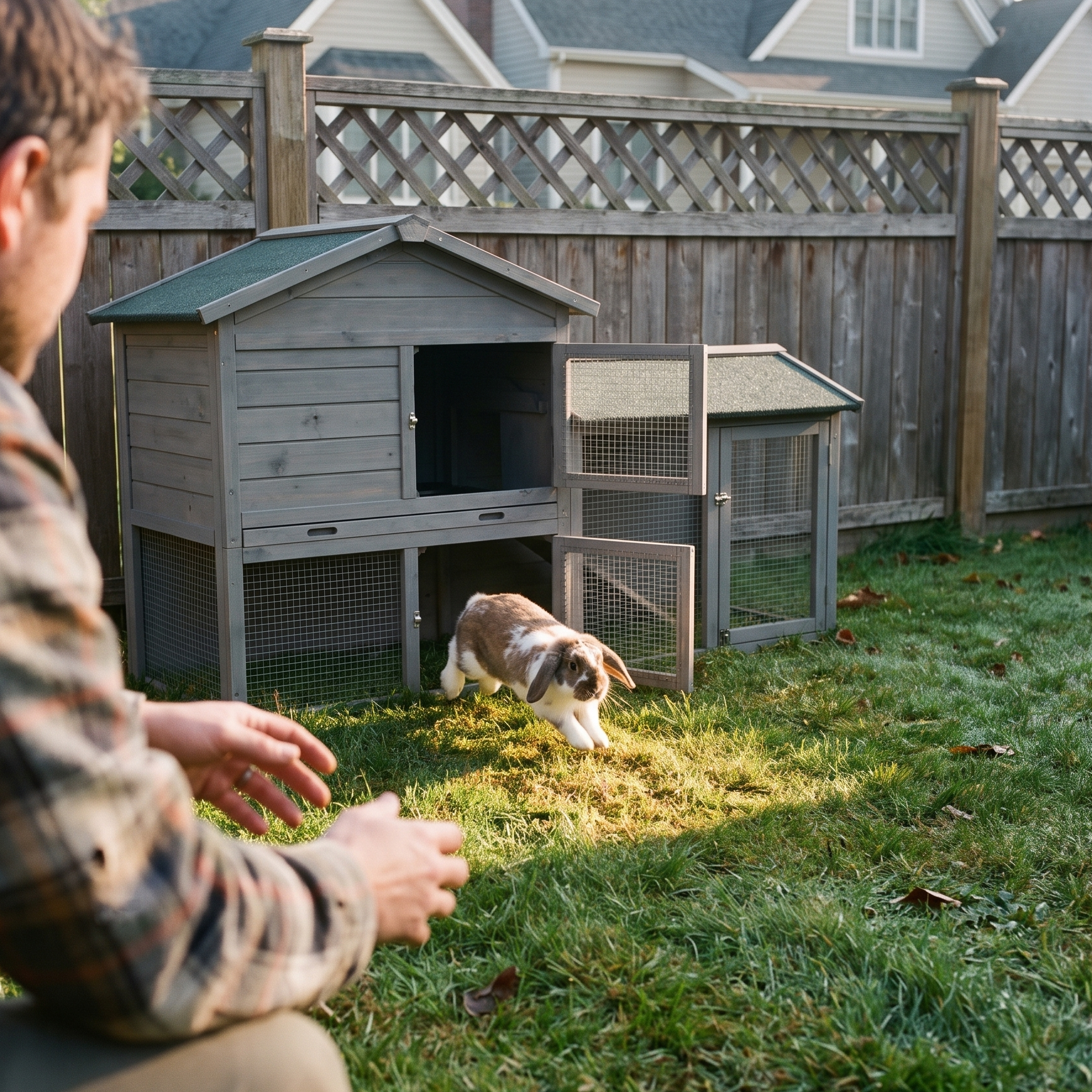 Lop-eared rabbit hopping out of the large wooden hutch run on a backyard lawn - lifestyle v2