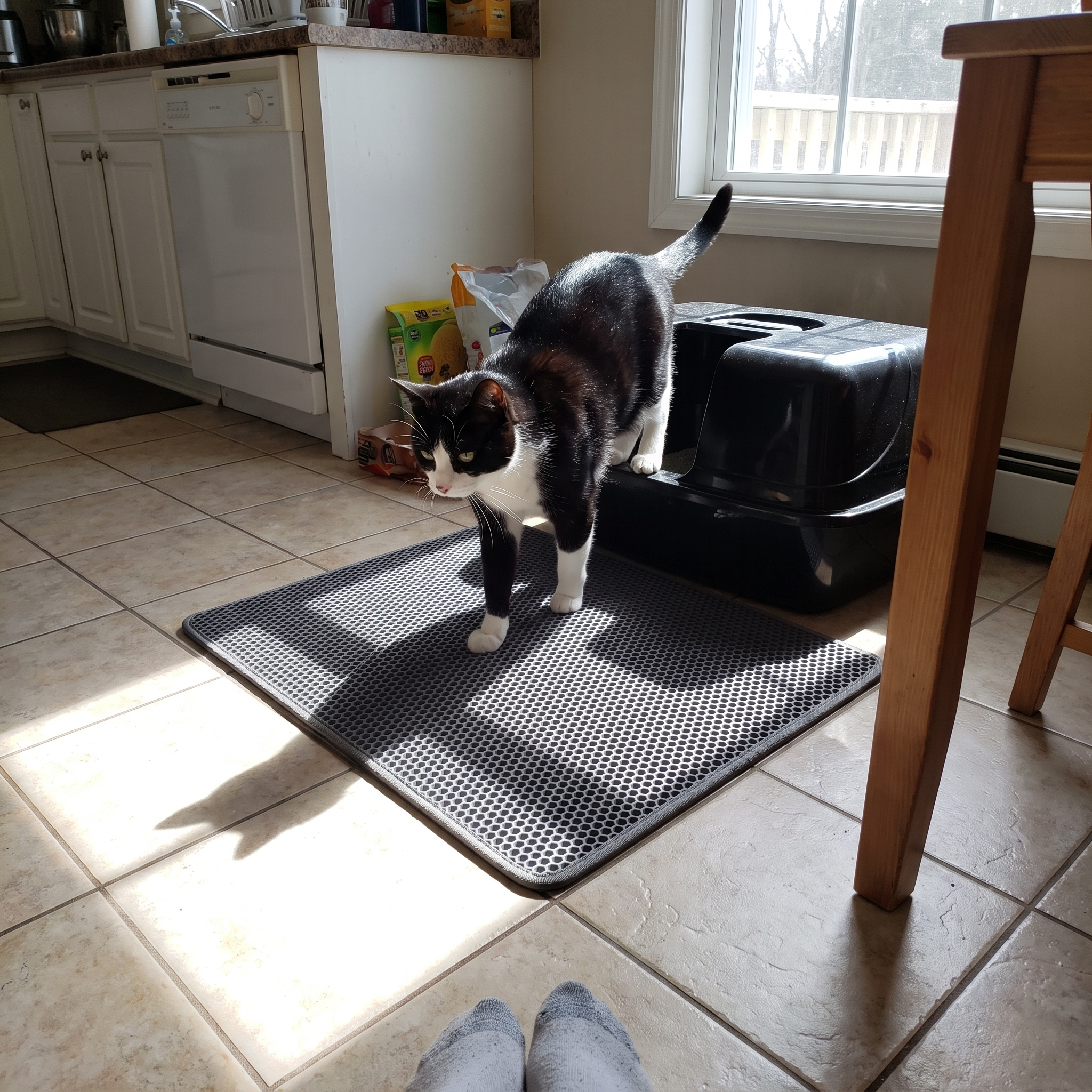 Tuxedo cat stepping off the honeycomb litter mat on a kitchen floor - lifestyle v2