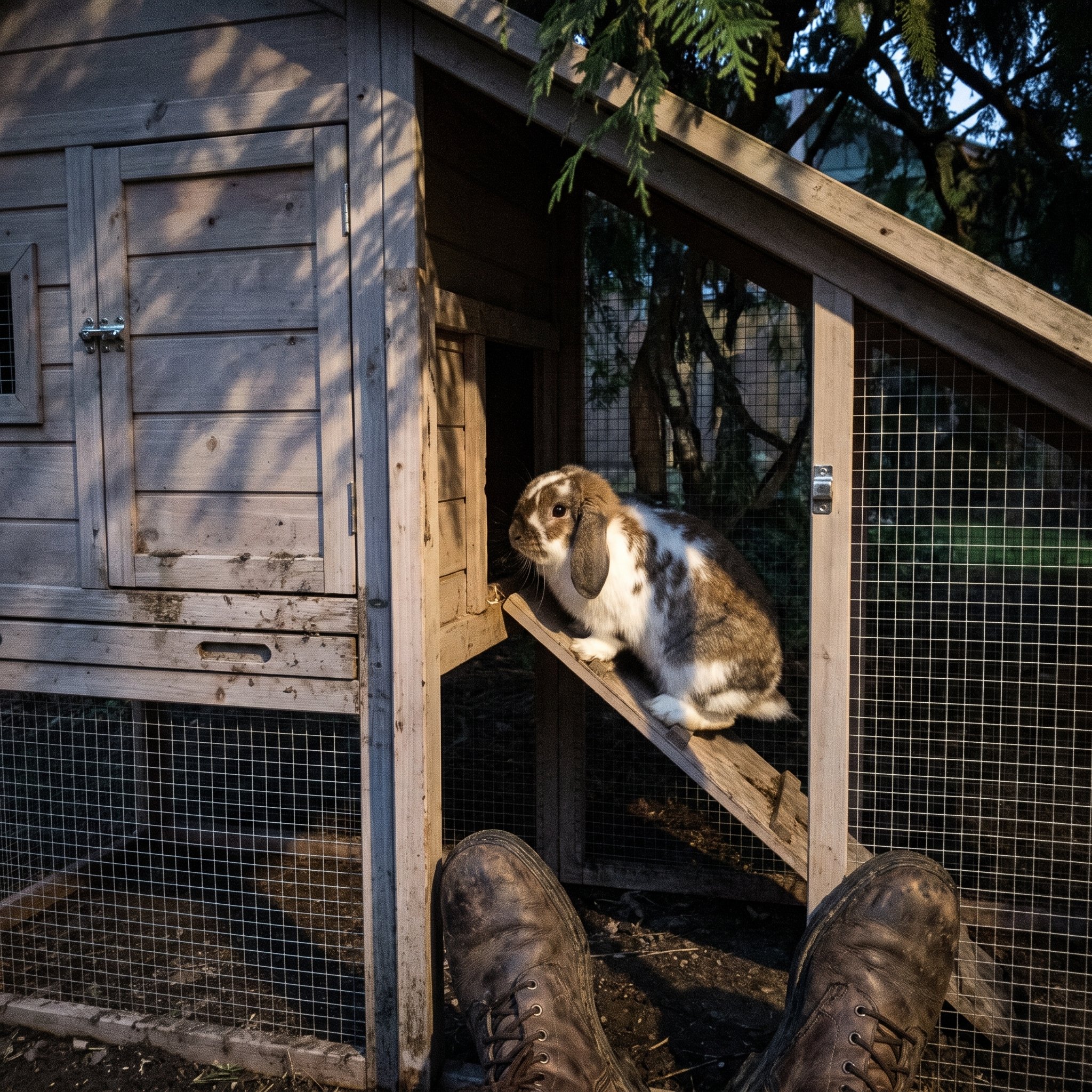 Rabbit on the ramp of the two-tier outdoor hutch under a tree - lifestyle v2