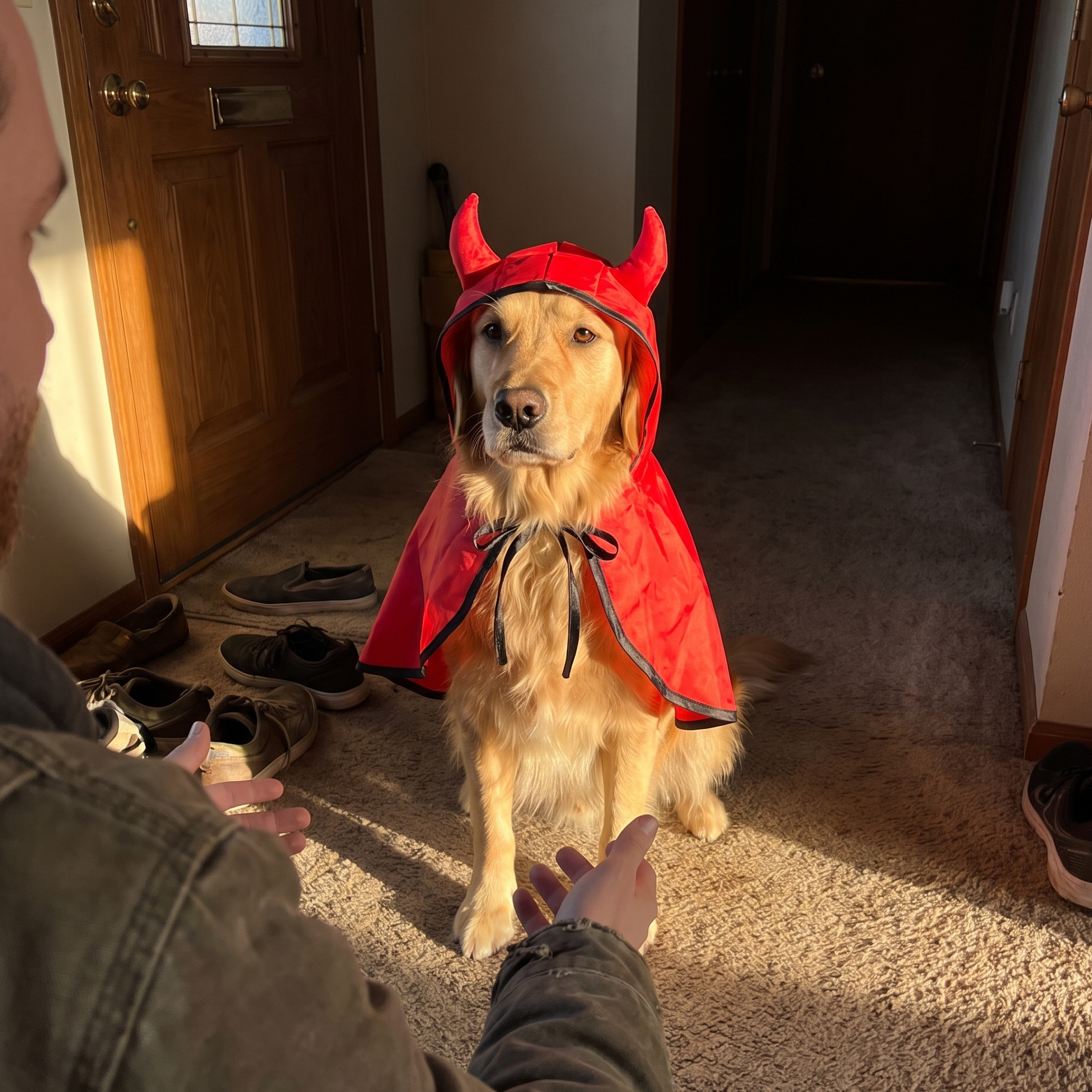 Golden retriever wearing the devil cape costume in a hallway - lifestyle v2
