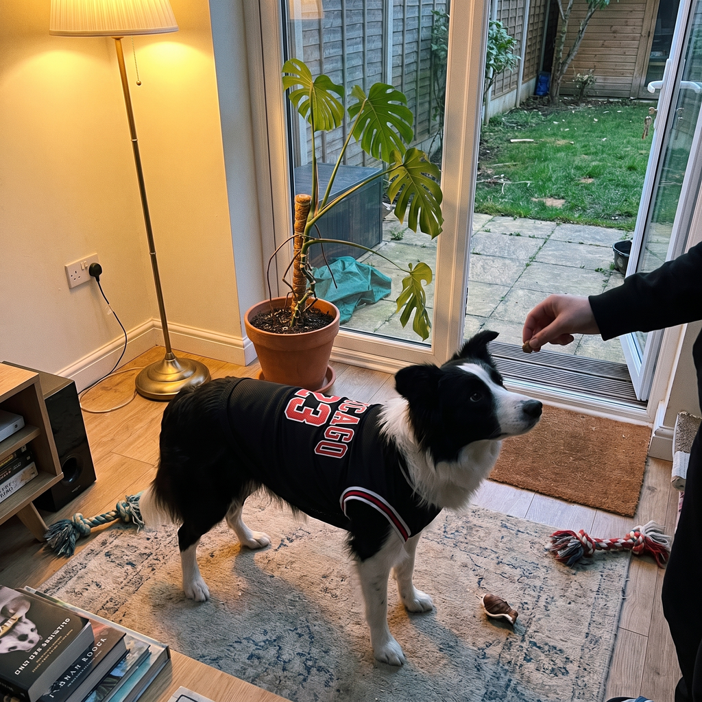 Border collie wearing the mesh basketball jersey in a sunroom - lifestyle v2