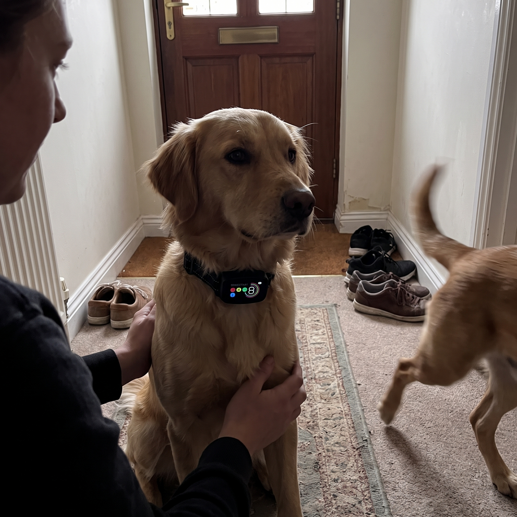 Golden retriever wearing the anti-bark collar in a hallway - lifestyle v2