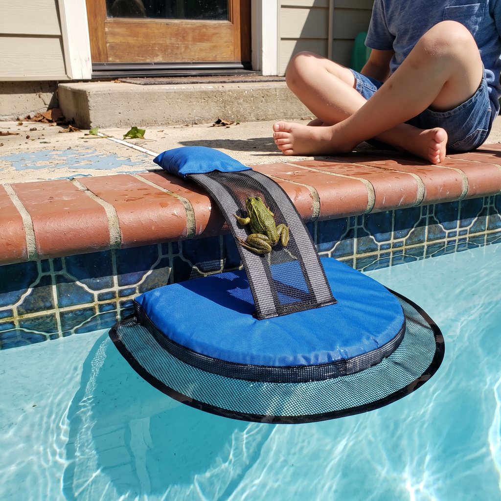 Frog climbing the floating pool escape ramp at a backyard pool - lifestyle v2