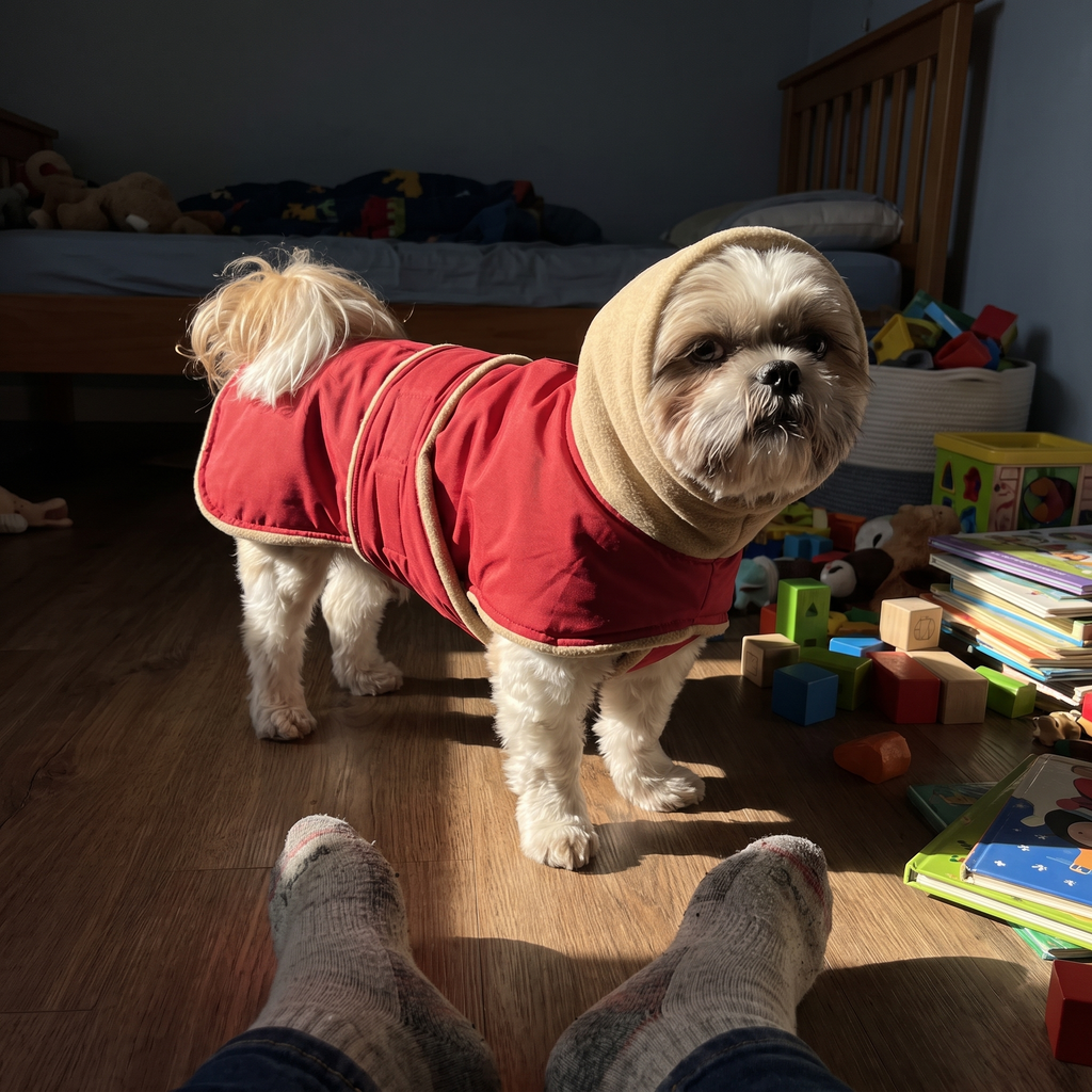 Shih tzu wearing the fleece-lined waterproof coat in a child's bedroom - lifestyle v2