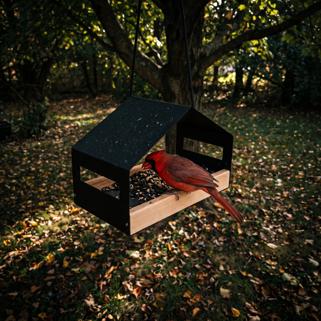 Cardinal feeding from the hanging metal bird feeder in a shady backyard - lifestyle v2