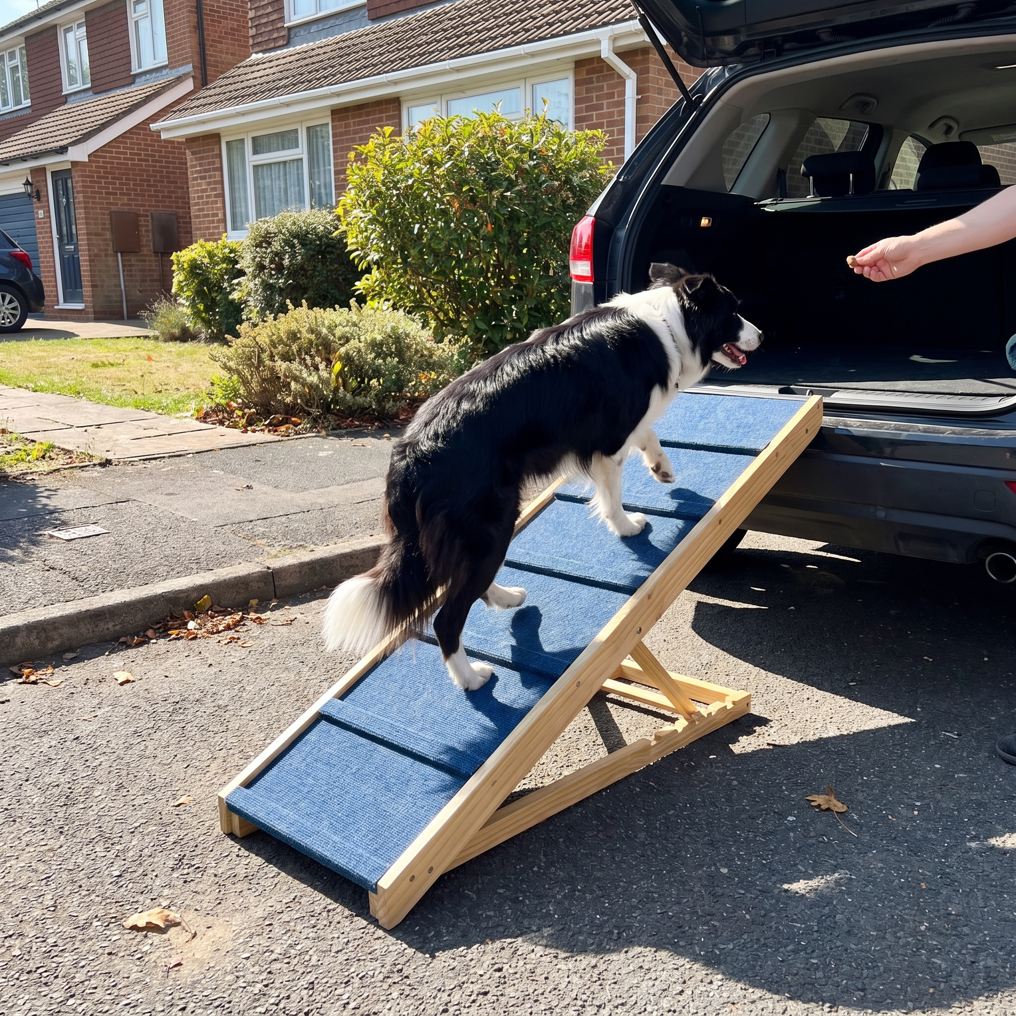 Border collie walking up the folding dog ramp into a car boot on a driveway - lifestyle v2