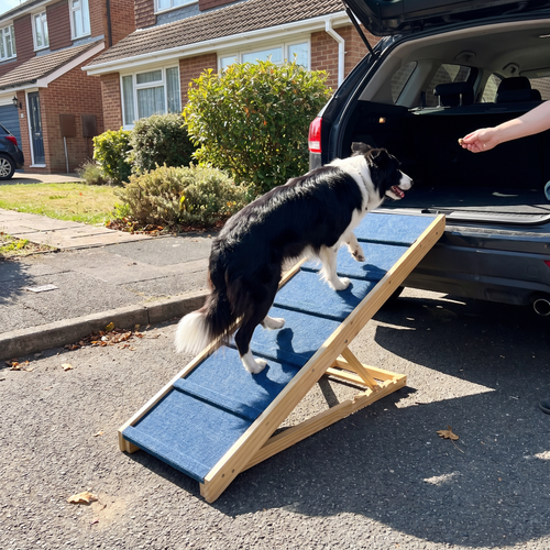 Border collie walking up the folding dog ramp into a car boot on a driveway - lifestyle v2