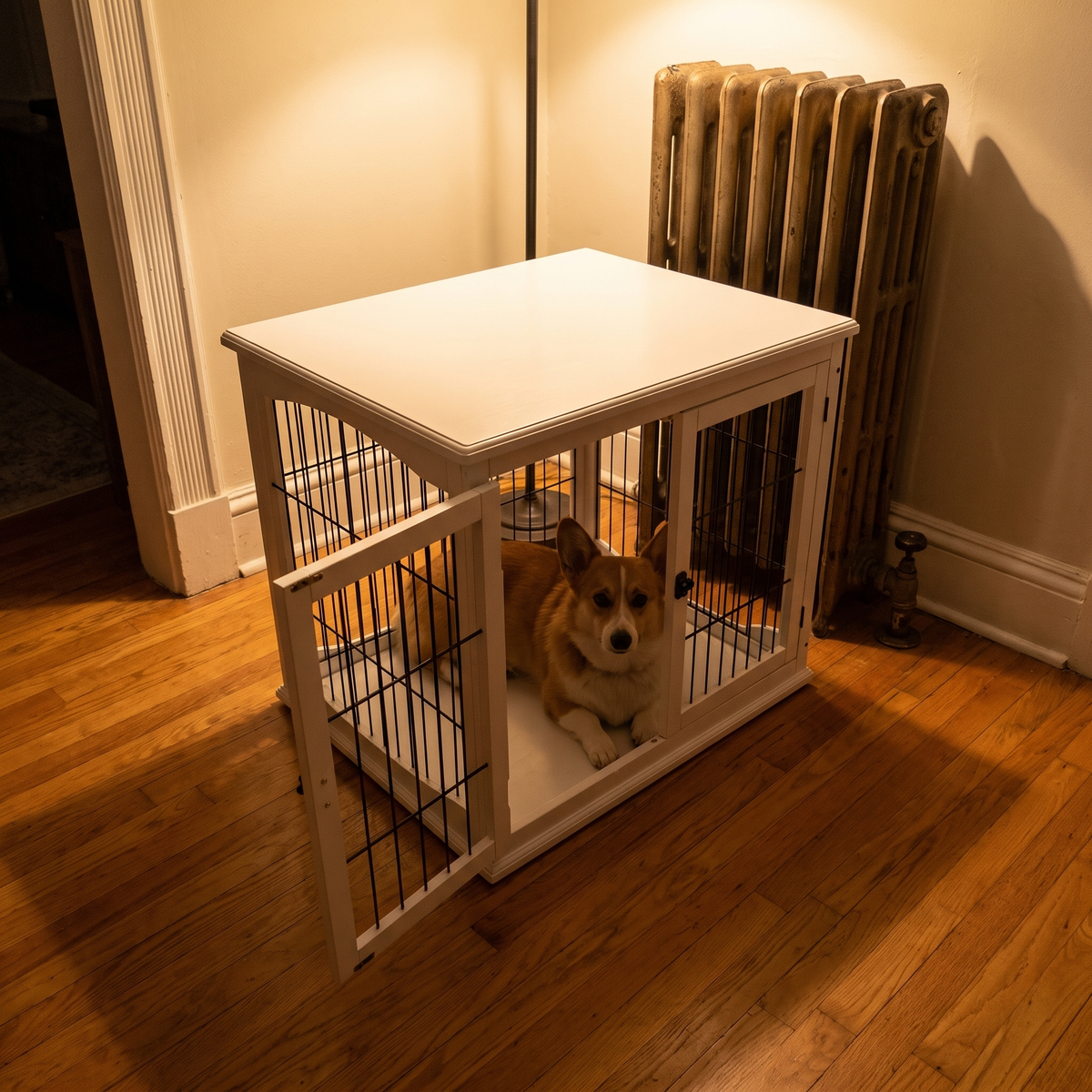 Corgi resting inside the wooden dog crate end table in a living room - lifestyle v2
