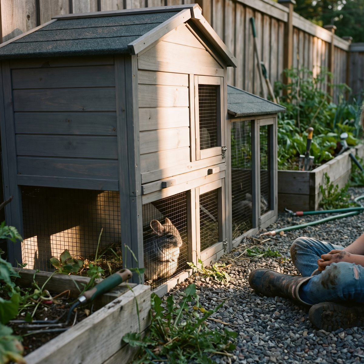 Small pet in the gray hutch run beside a garden bed - lifestyle v2