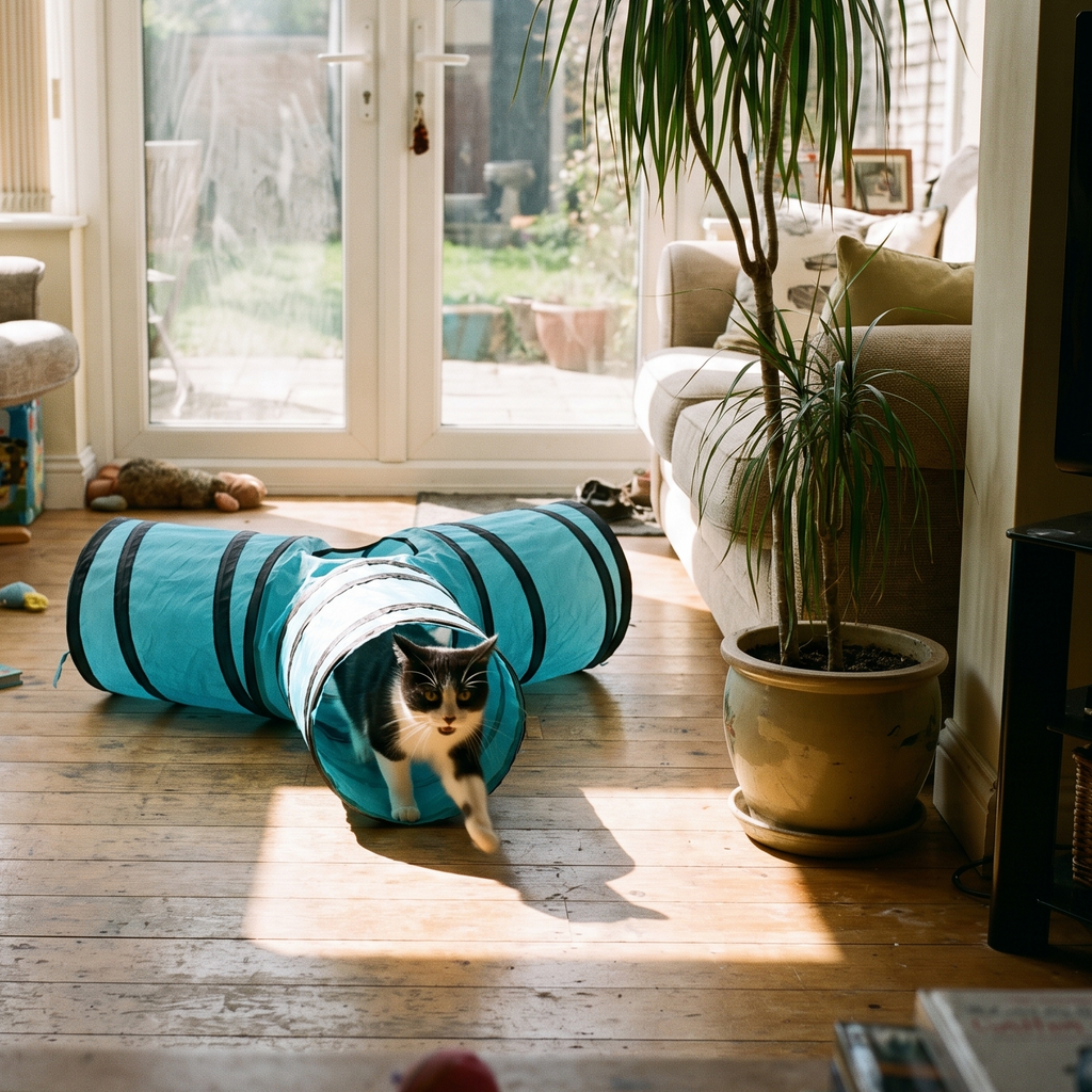 Tuxedo cat playing in the collapsible cat tunnel in a sunroom - lifestyle v2