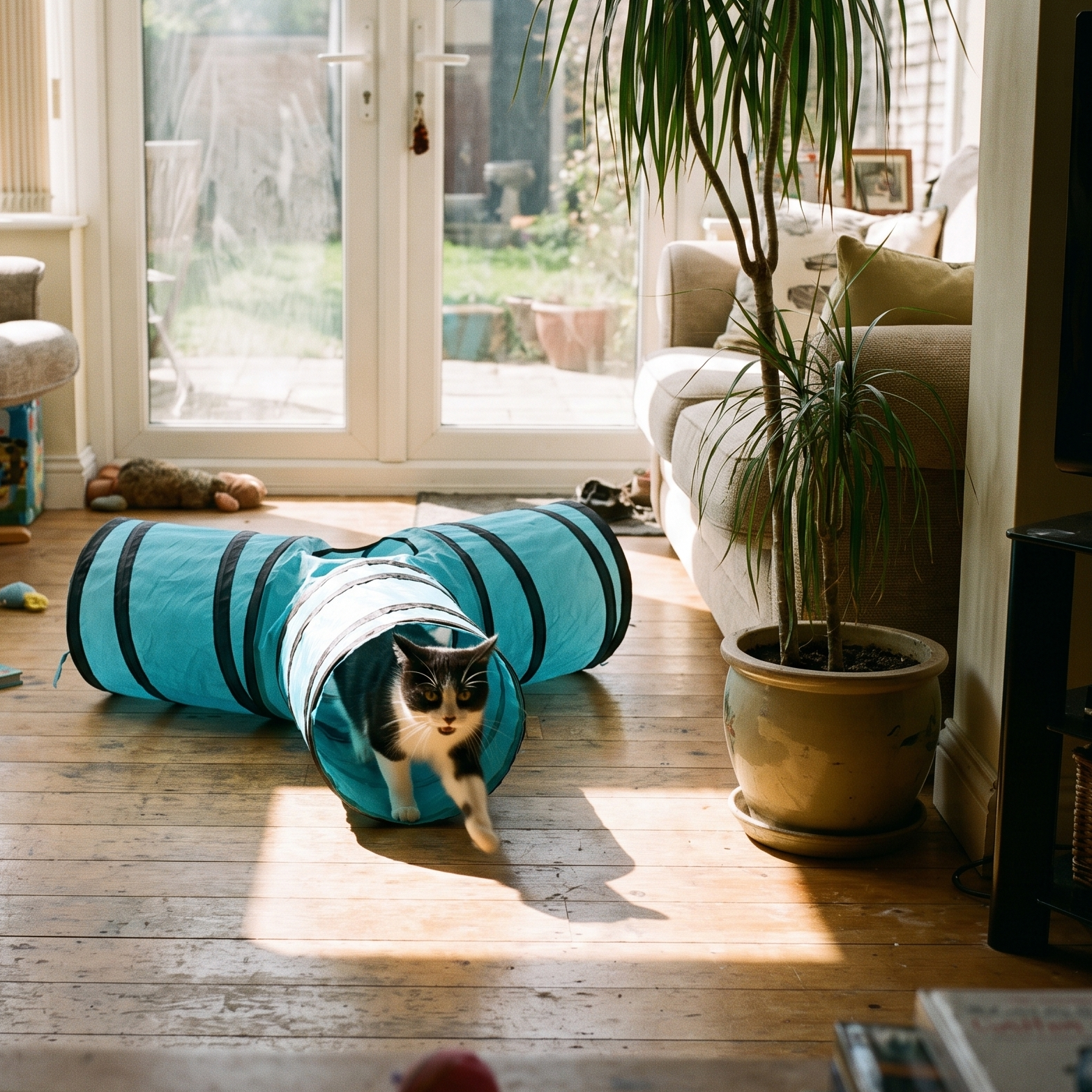 Tuxedo cat playing in the collapsible cat tunnel in a sunroom - lifestyle v2