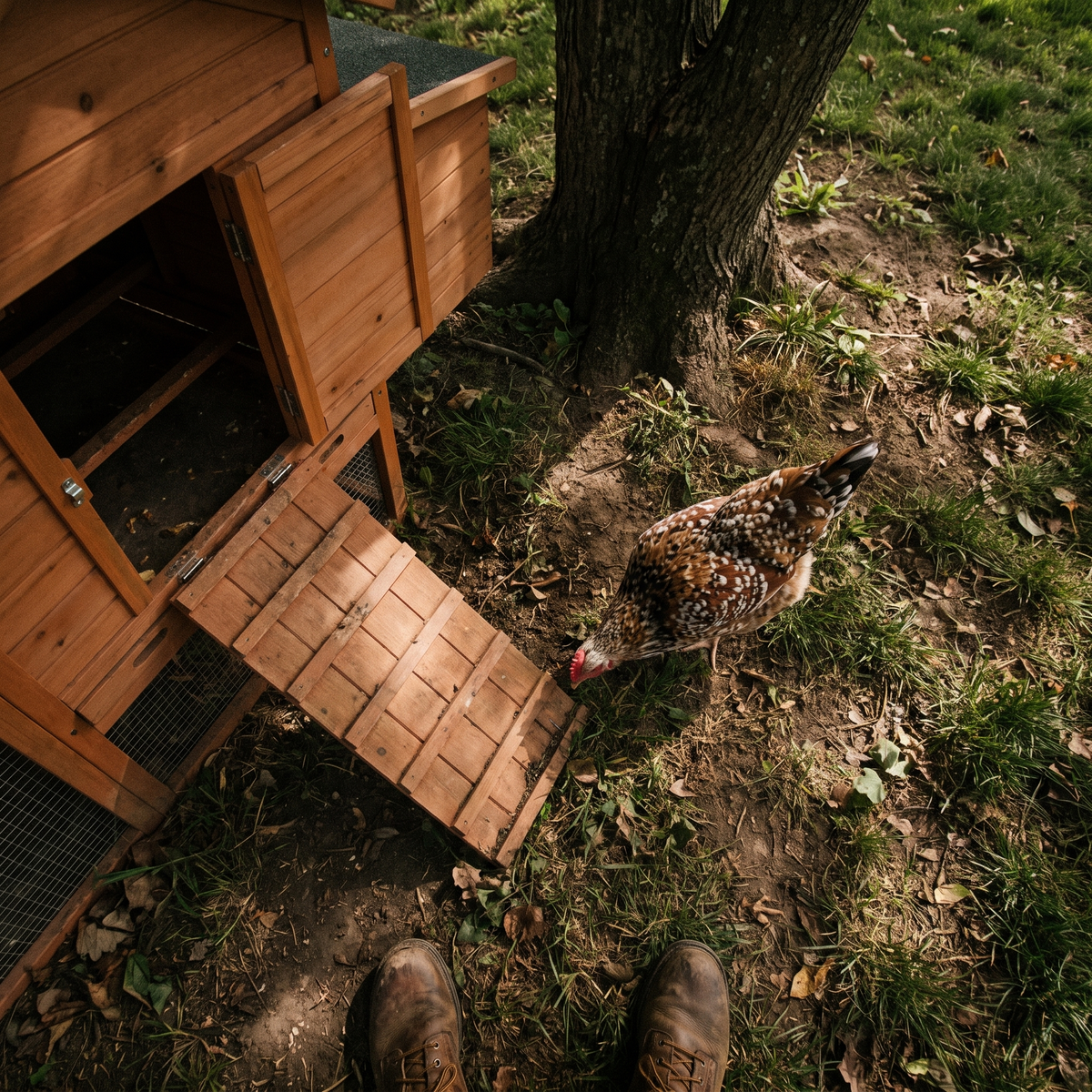 Speckled hen beside the wooden chicken coop ramp in a shady backyard - lifestyle v2