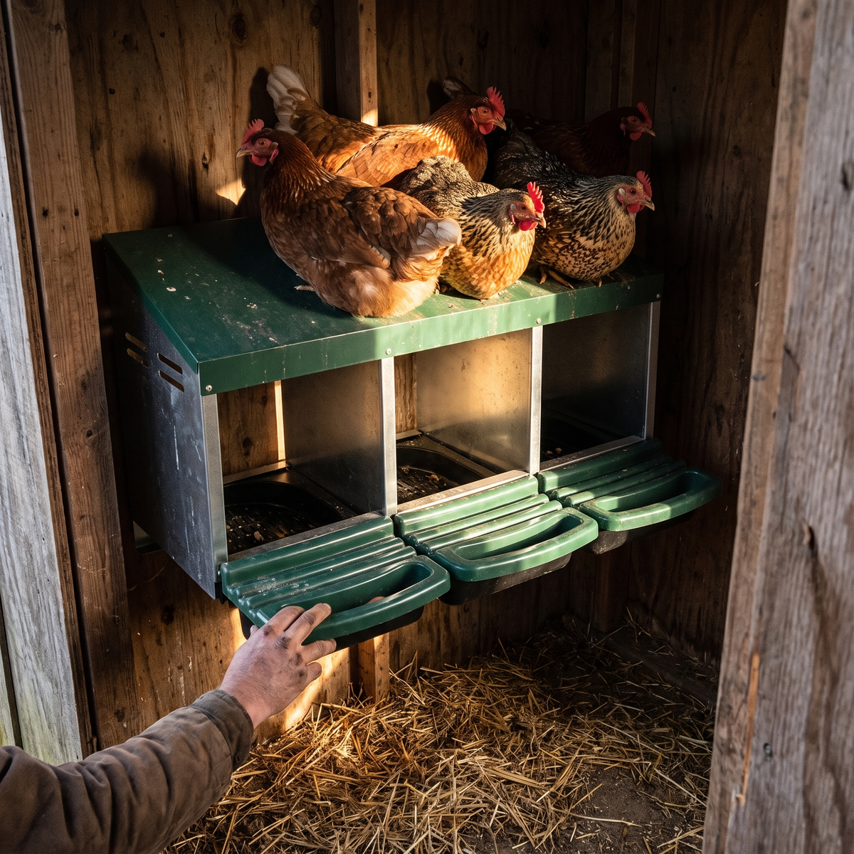 Hens using the roll-out nesting box inside a wooden coop - lifestyle v2