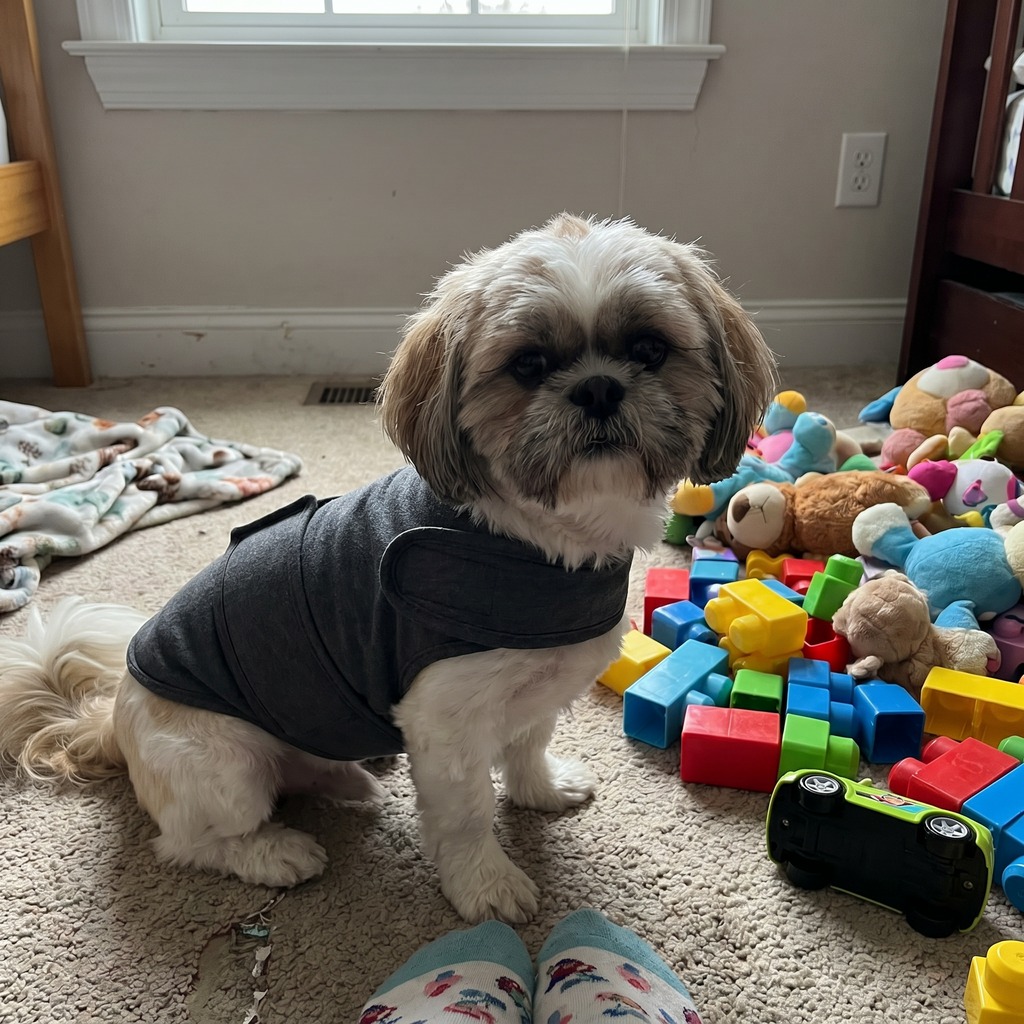 Shih tzu wearing the calming comfort vest in a child's bedroom - lifestyle v2