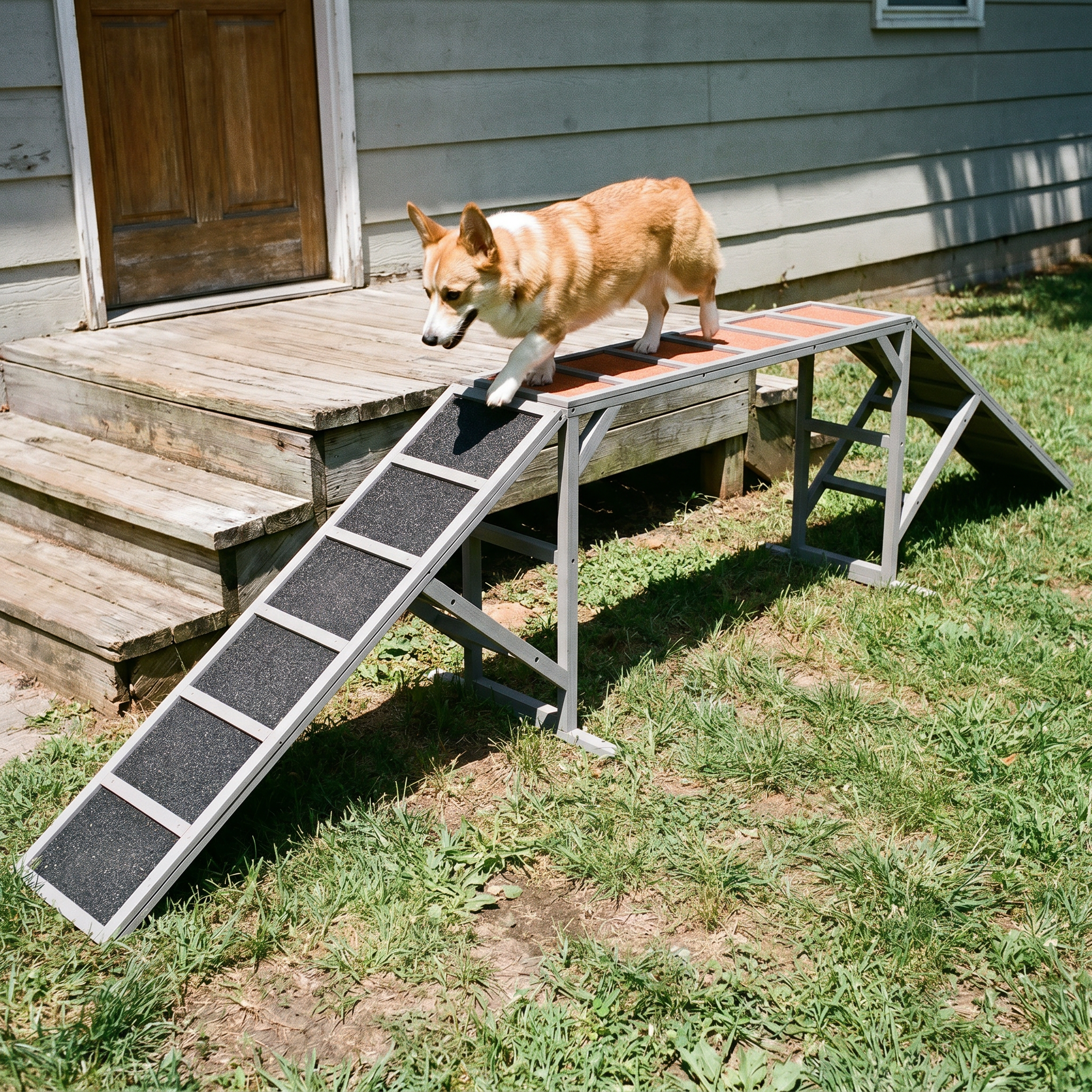 Corgi walking up the agility ramp in a sunny backyard - lifestyle v2