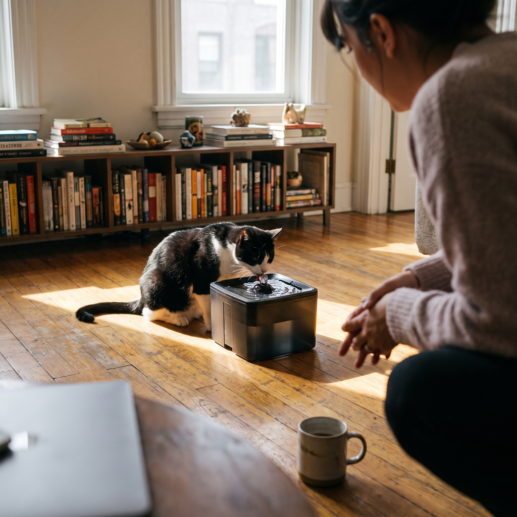 Tuxedo cat drinking from the circulating pet water fountain in an apartment living room - lifestyle v2