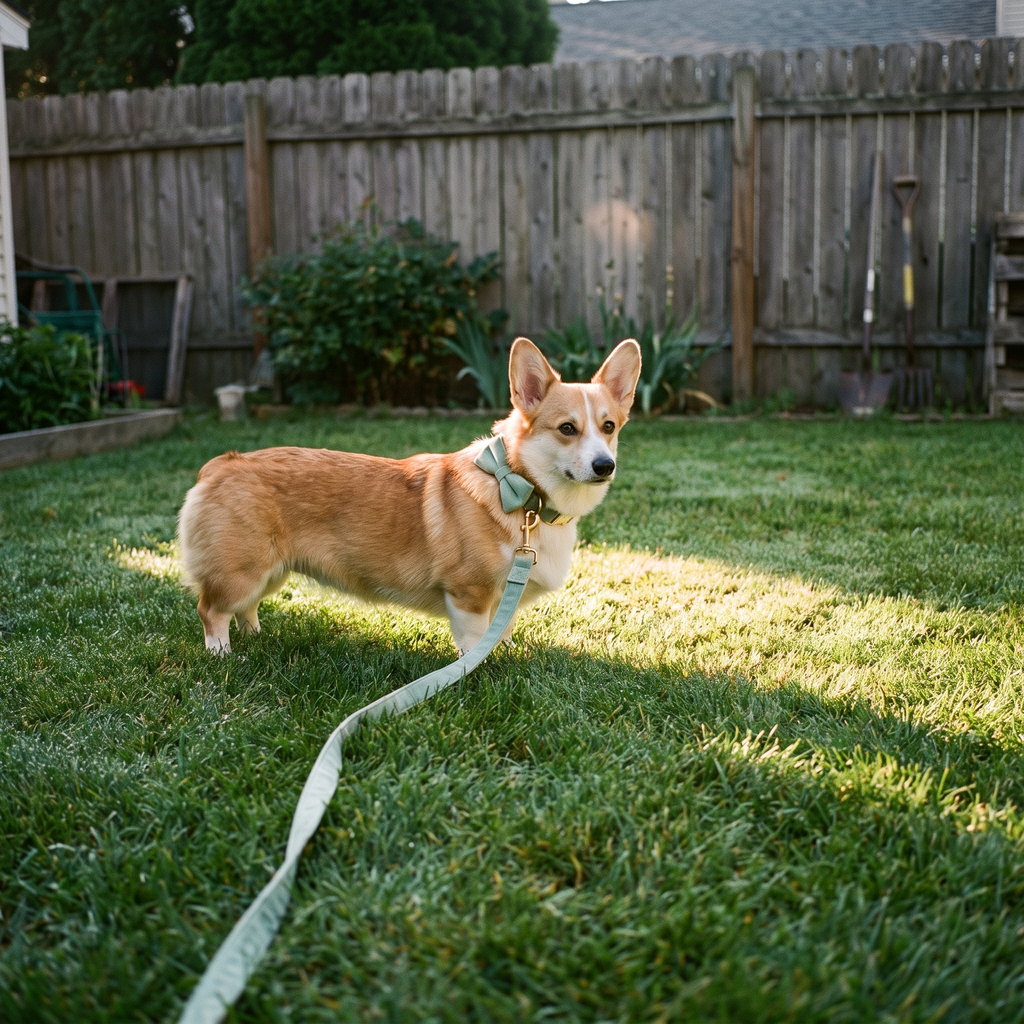 Corgi wearing the mint-green velvet bow collar and leash on a backyard lawn - lifestyle v2