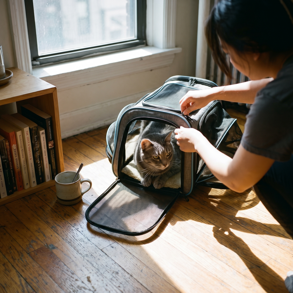 Grey tabby cat sitting inside the soft-sided airline carrier in a living room - lifestyle v2