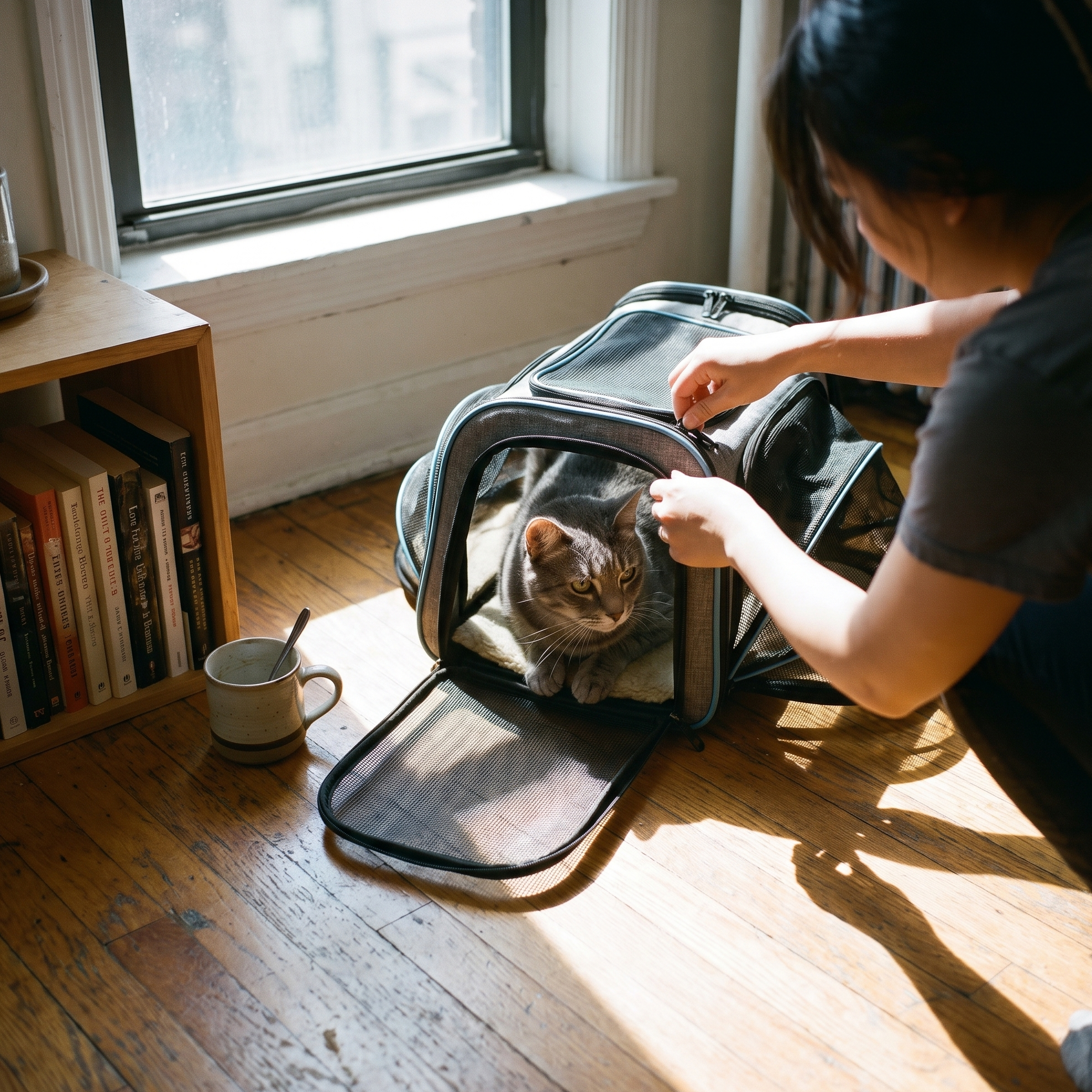 Grey tabby cat sitting inside the soft-sided airline carrier in a living room - lifestyle v2