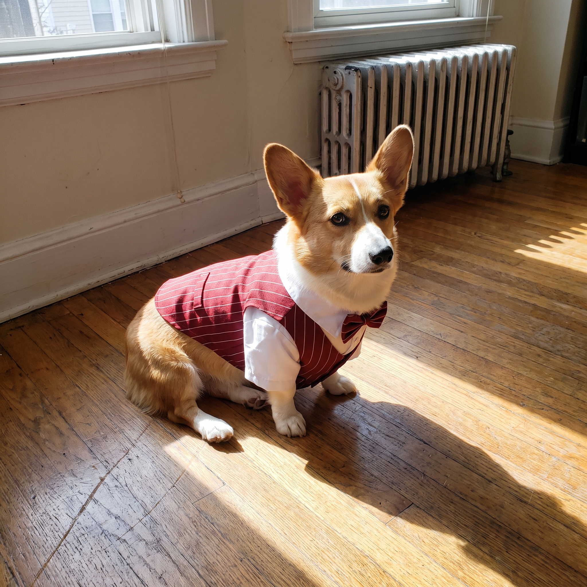 Corgi wearing the formal tuxedo dog suit on a living room floor - lifestyle v2