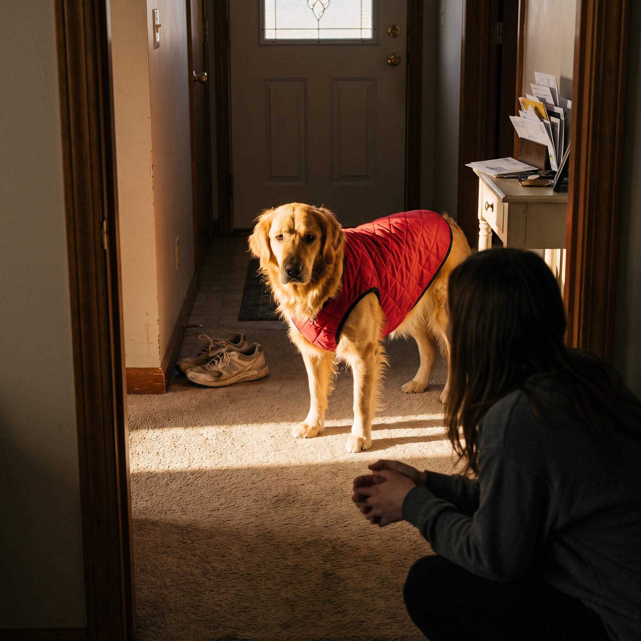 Golden retriever stands in a hallway wearing the red quilted padded dog vest.