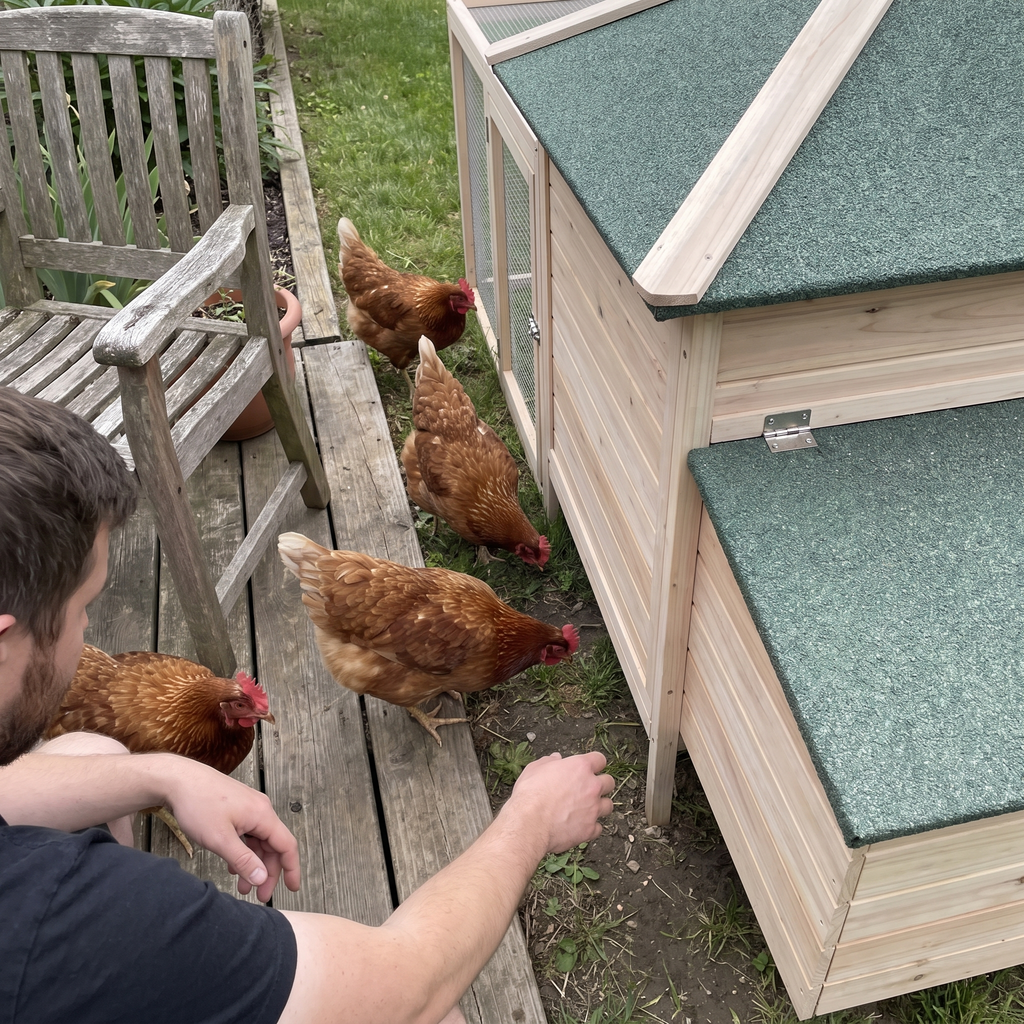 Hens pecking beside the large wooden coop on a patio - lifestyle v2