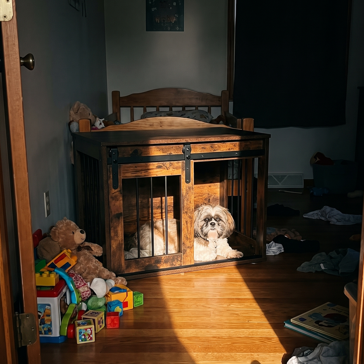 Small dog resting in the barn-door dog crate end table in a bedroom - lifestyle v2