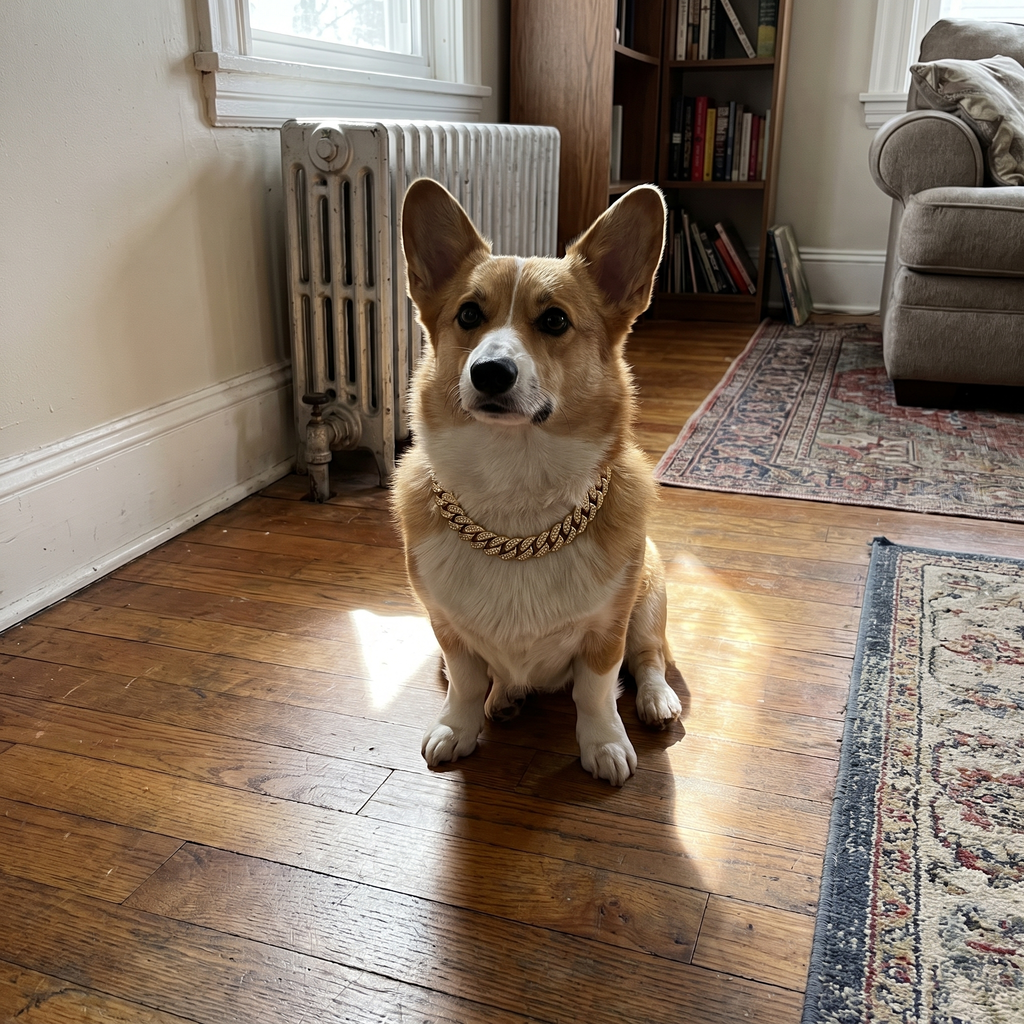 Corgi wearing the chain statement collar on a living-room floor - lifestyle v2