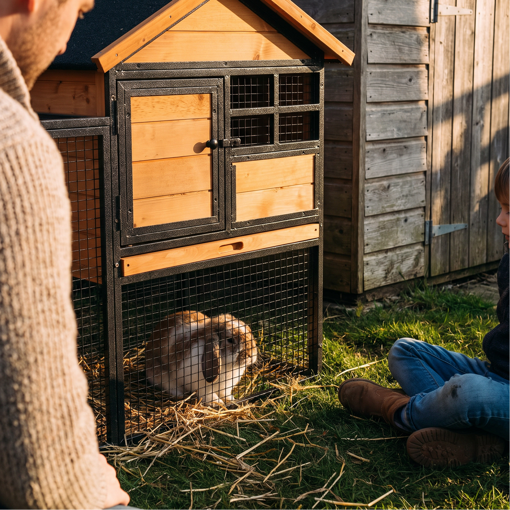 Rabbit in the run of the elevated hutch with a child beside it - lifestyle v2