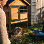 Rabbit in the run of the elevated hutch with a child beside it - lifestyle v2