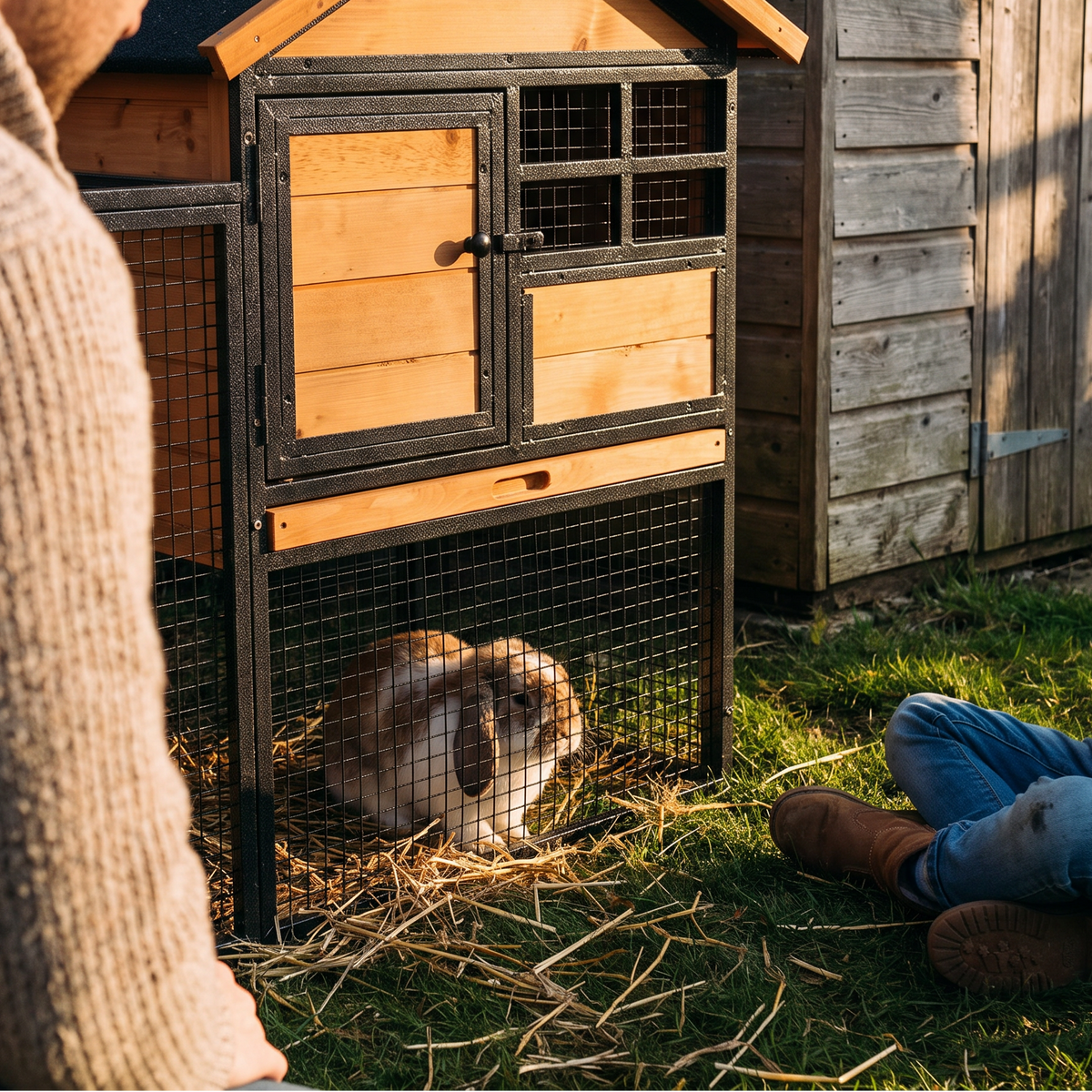 Rabbit in the run of the elevated hutch with a child beside it - lifestyle v2