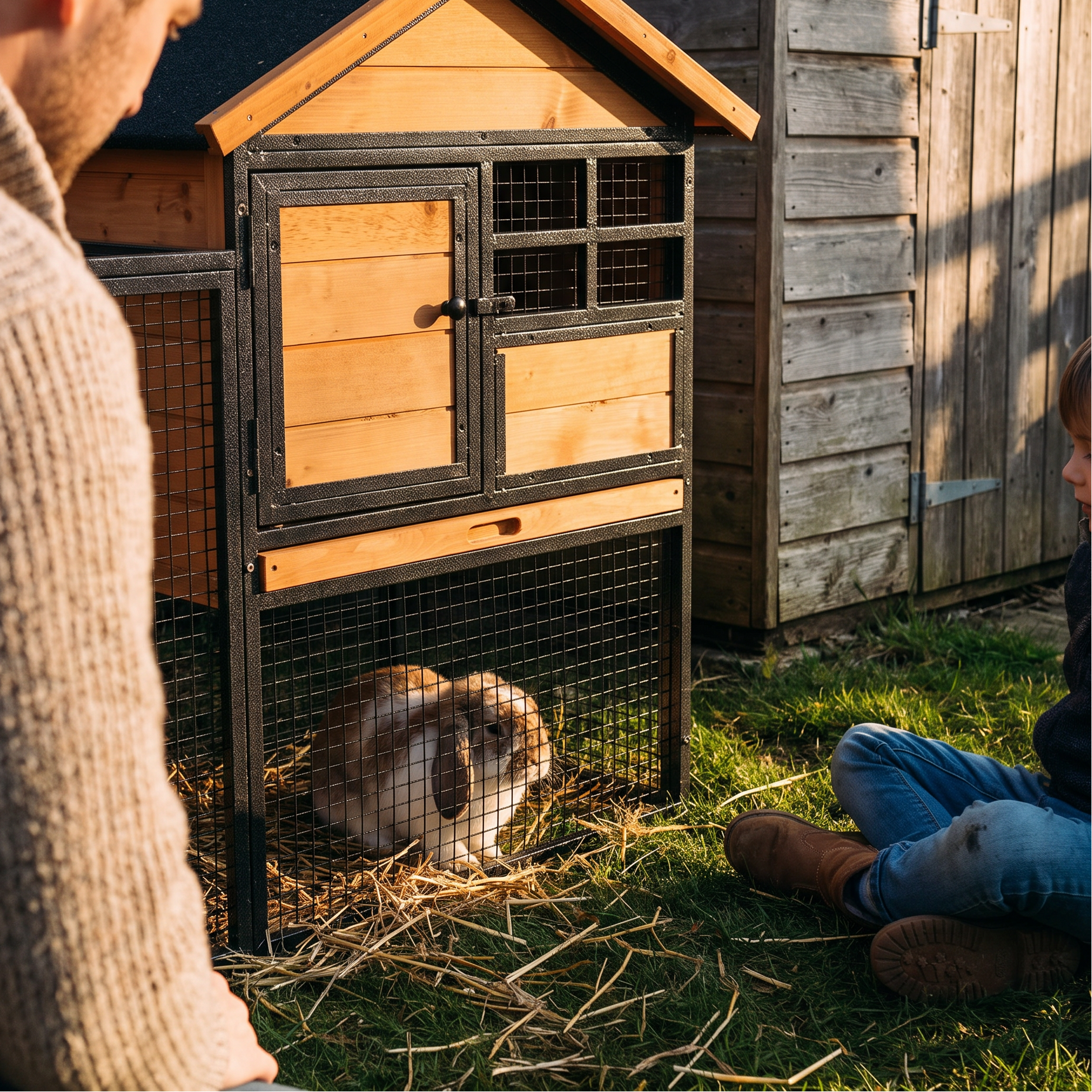 Rabbit in the run of the elevated hutch with a child beside it - lifestyle v2